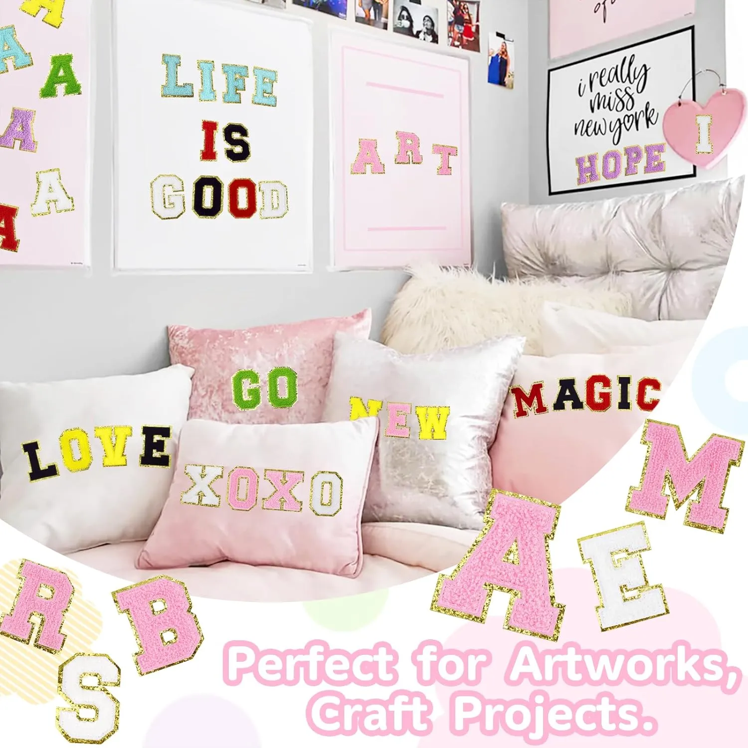 104 Pcs Large Pink, White, Blue and Purple 3 Inch A-Z Chenille Letter Patches, Iron on Letters for Fabric and Clothing, Glitter Embroidery Varsity for Letterman Jacket, Backpacks Hats, Sew or Iron on