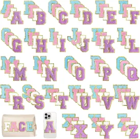 104 Pcs Large Pink, White, Blue and Purple 3 Inch A-Z Chenille Letter Patches, Iron on Letters for Fabric and Clothing, Glitter Embroidery Varsity for Letterman Jacket, Backpacks Hats, Sew or Iron on
