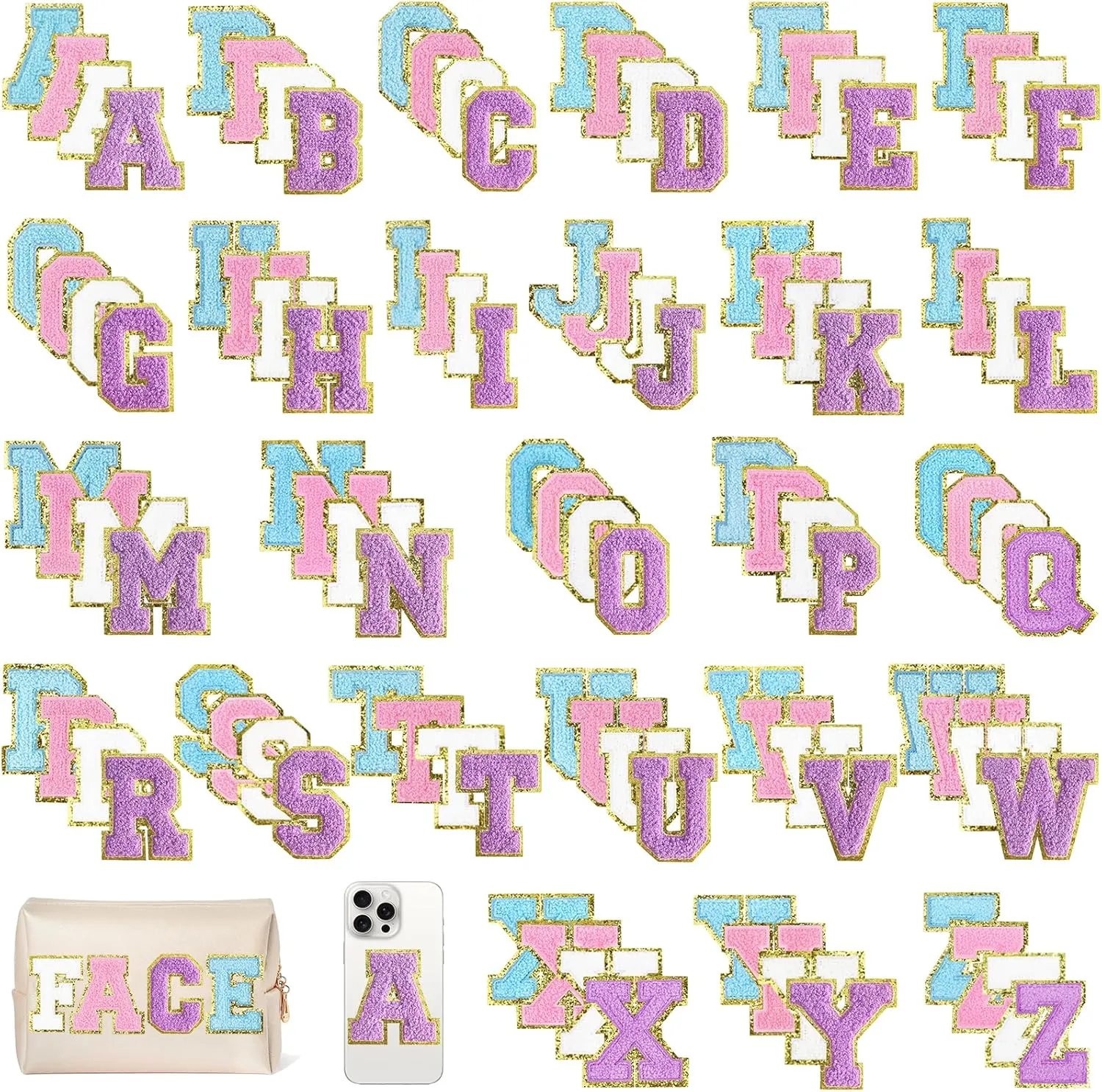 104 Pcs Large Pink, White, Blue and Purple 3 Inch A-Z Chenille Letter Patches, Iron on Letters for Fabric and Clothing, Glitter Embroidery Varsity for Letterman Jacket, Backpacks Hats, Sew or Iron on