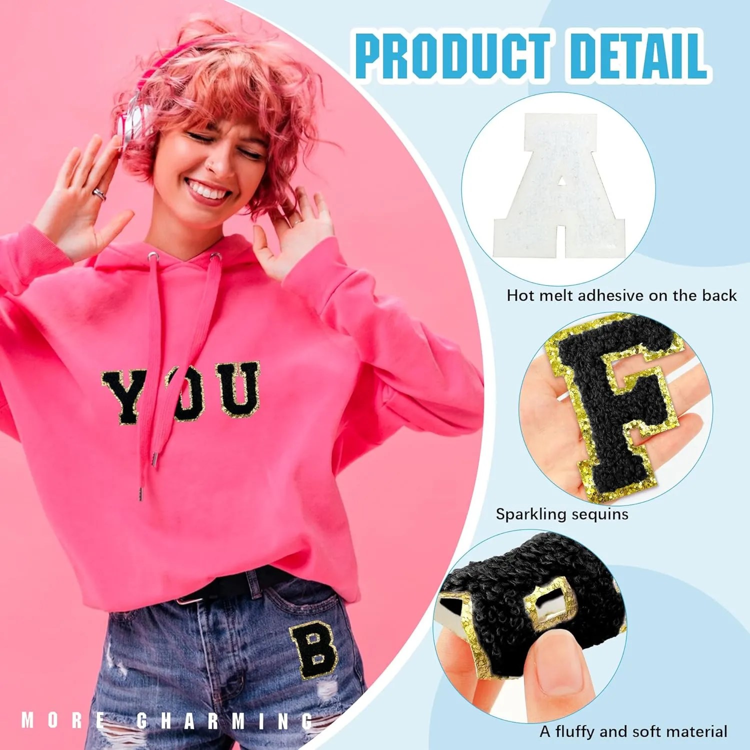26PCS Black Chenille Letter Patches, Small Iron on Letter for Backpack, Sew on Alphabet Patches, Chenille Varsity Patches for Clothes