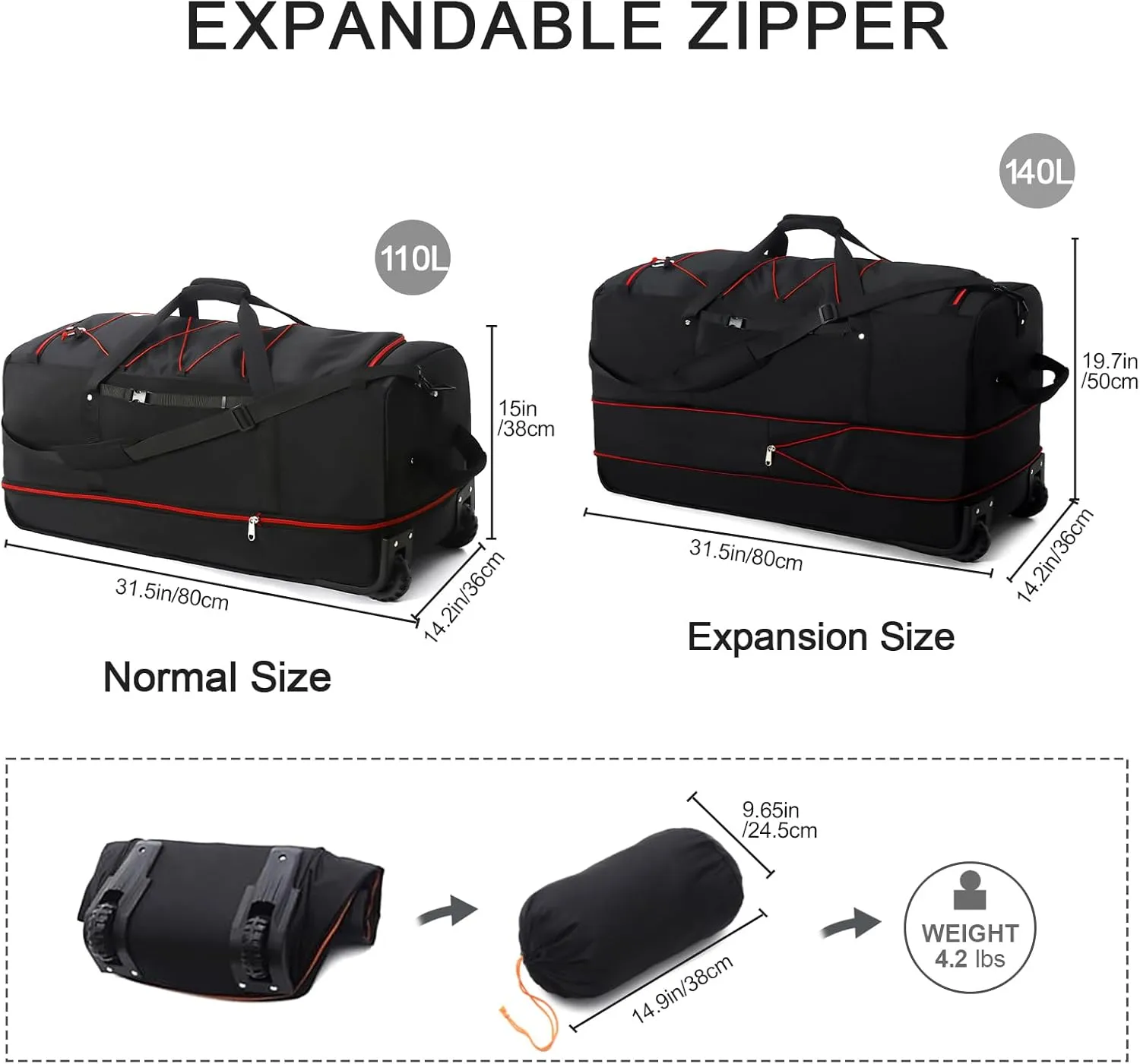 32 Soft Sided Foldable Duffel Bag without Telescopic Handle,110L 140L Expandable Rolling Travel Bag with 2 Wheels,Multiple Compartments,Black Red
