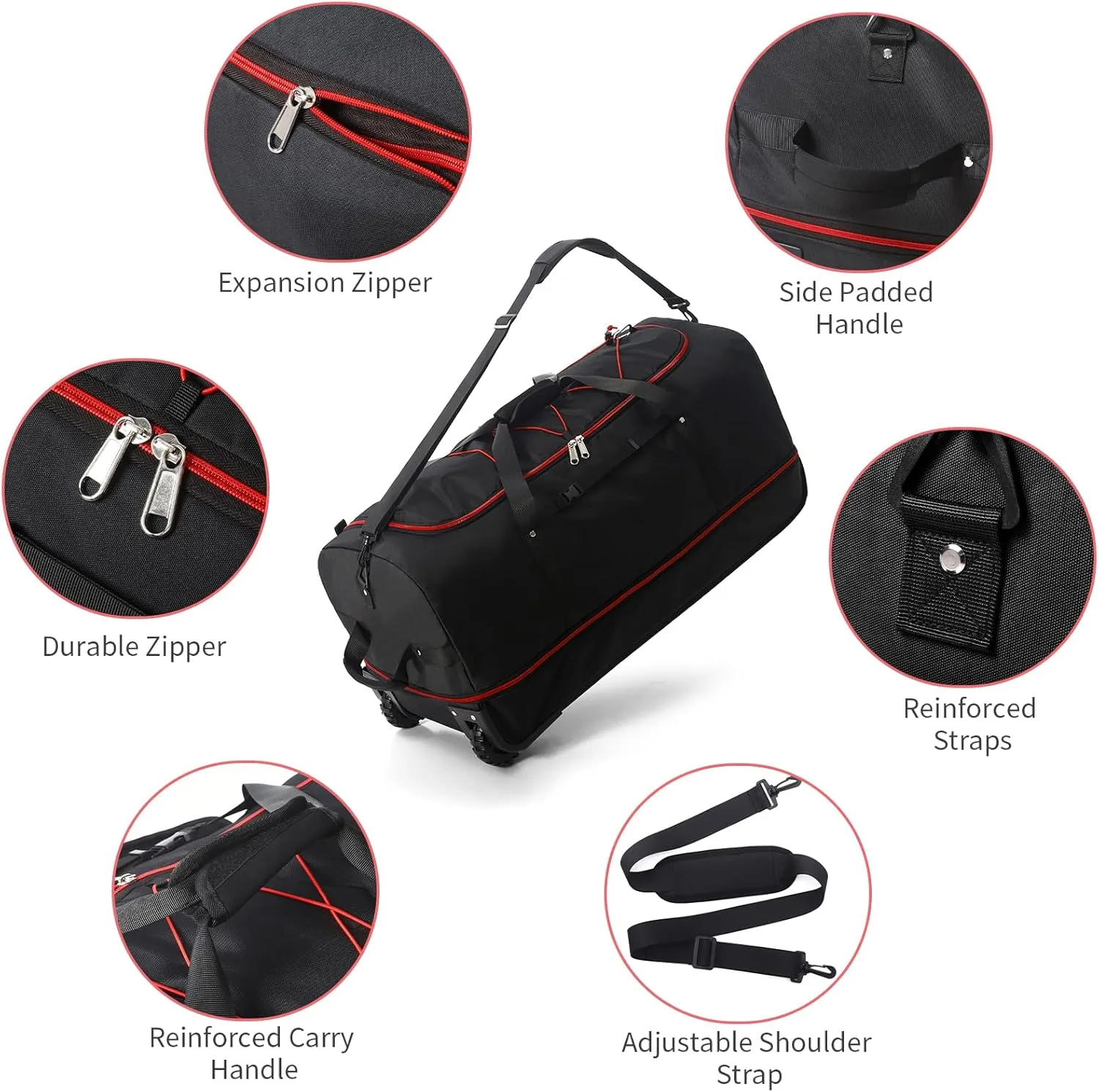 32 Soft Sided Foldable Duffel Bag without Telescopic Handle,110L 140L Expandable Rolling Travel Bag with 2 Wheels,Multiple Compartments,Black Red