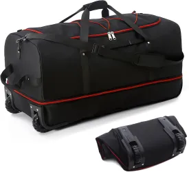 32 Soft Sided Foldable Duffel Bag without Telescopic Handle,110L 140L Expandable Rolling Travel Bag with 2 Wheels,Multiple Compartments,Black Red