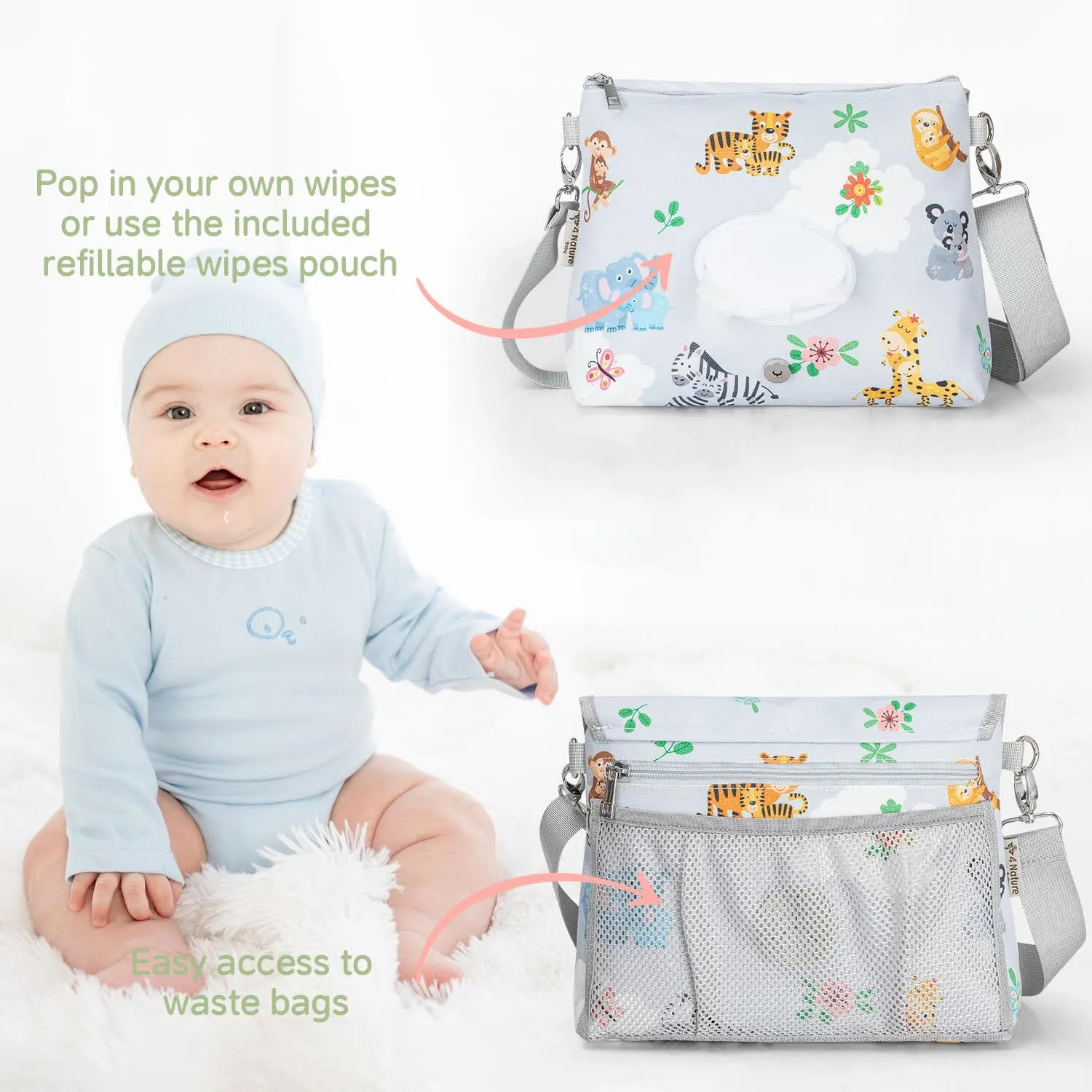 4 Nature Diaper Clutch Bag, Small and Cute Baby Bag for Mom with Wipes Holder and Bags Dispenser, Adjustable Straps for Cross Body (Animal World)