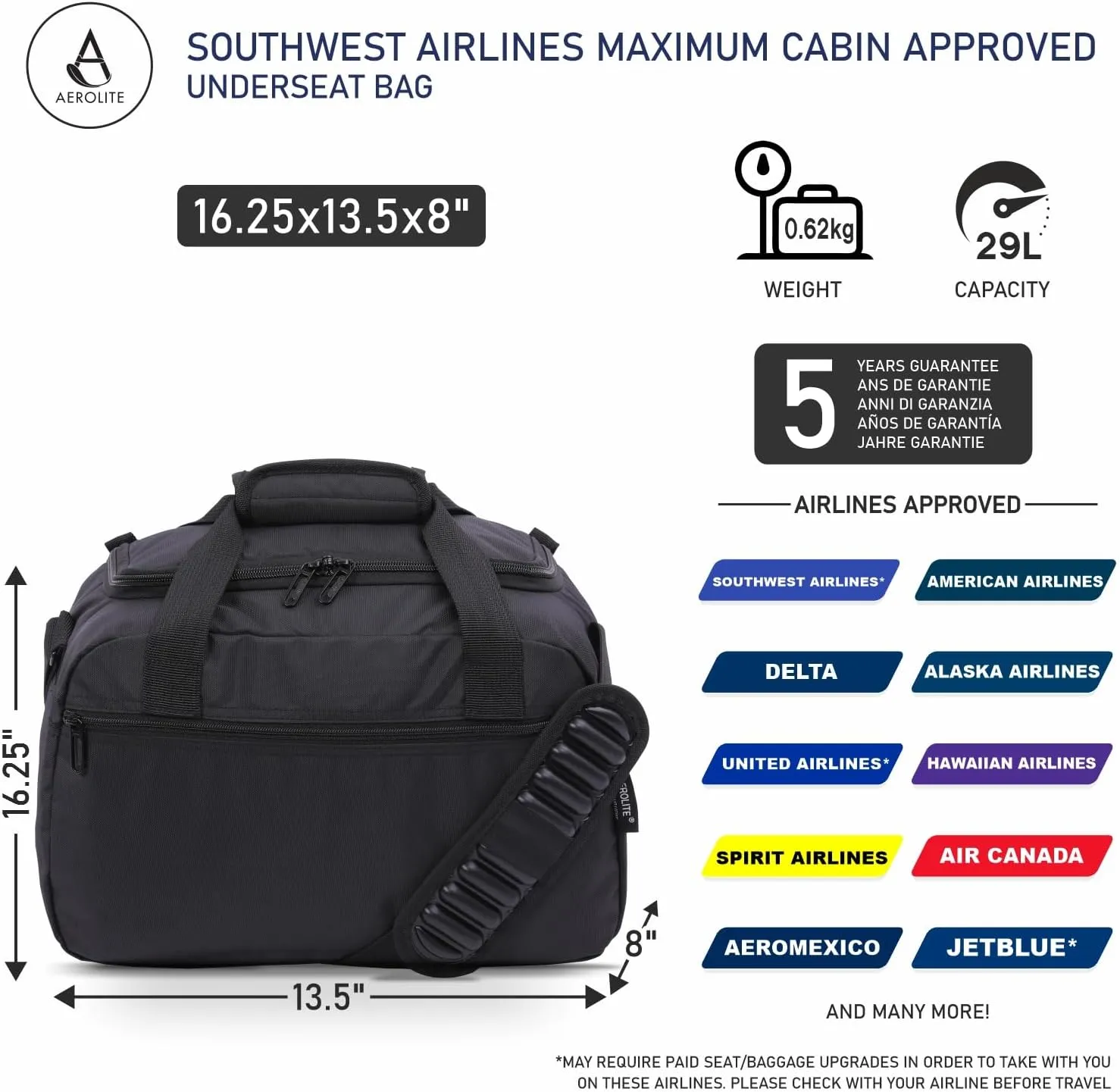 Aerolite 16.25x13.5x8 Southwest Airlines Maximum Size Cabin Bags with 5 Year Guarantee Foldable Carry On Premium Bag Holdall Small Lightweight Cabin Luggage Under seat Flight Travel Duffel Bag