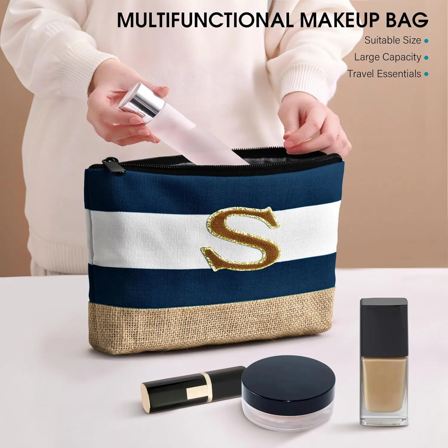 Becokan Beach Bag Initial Beach Tote with Makeup Bag for Travel Work Storage Personalized Birthday Gifts for Women Her