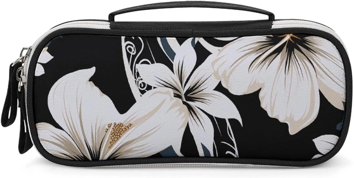 Black And White Hawaiian Flowers Leather Makeup Bag Portable Small Cosmetic Organizer Waterproof Toiletry Bags Brushes Pencils And Travel Make Up Accessories