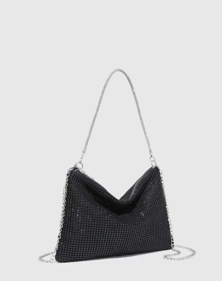 Black Rhinestone and Faux Pearl Decor Hobo Bag