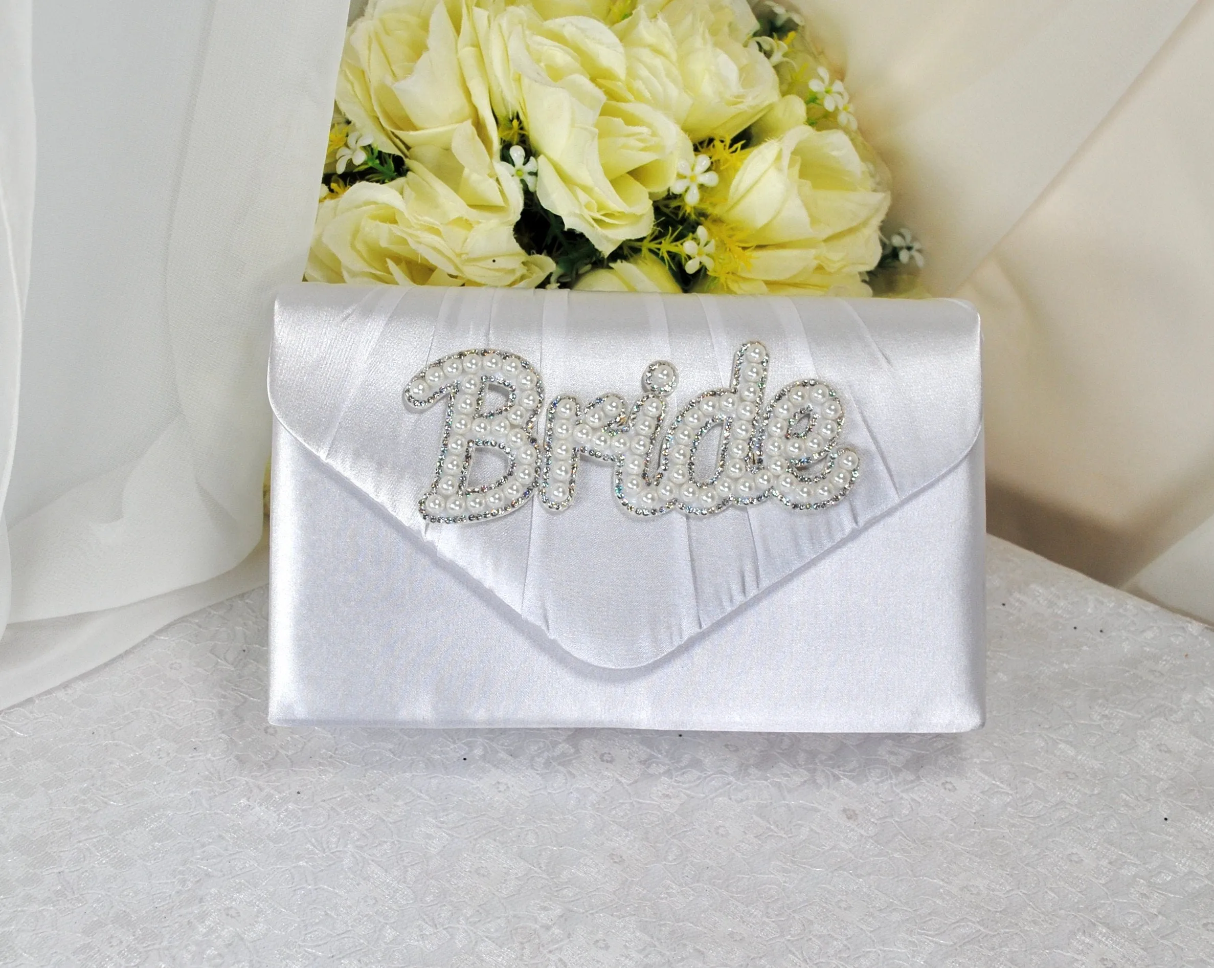 Bride Satin Clutch Bag, Pearl Mrs Embellishment, Over 25 colours