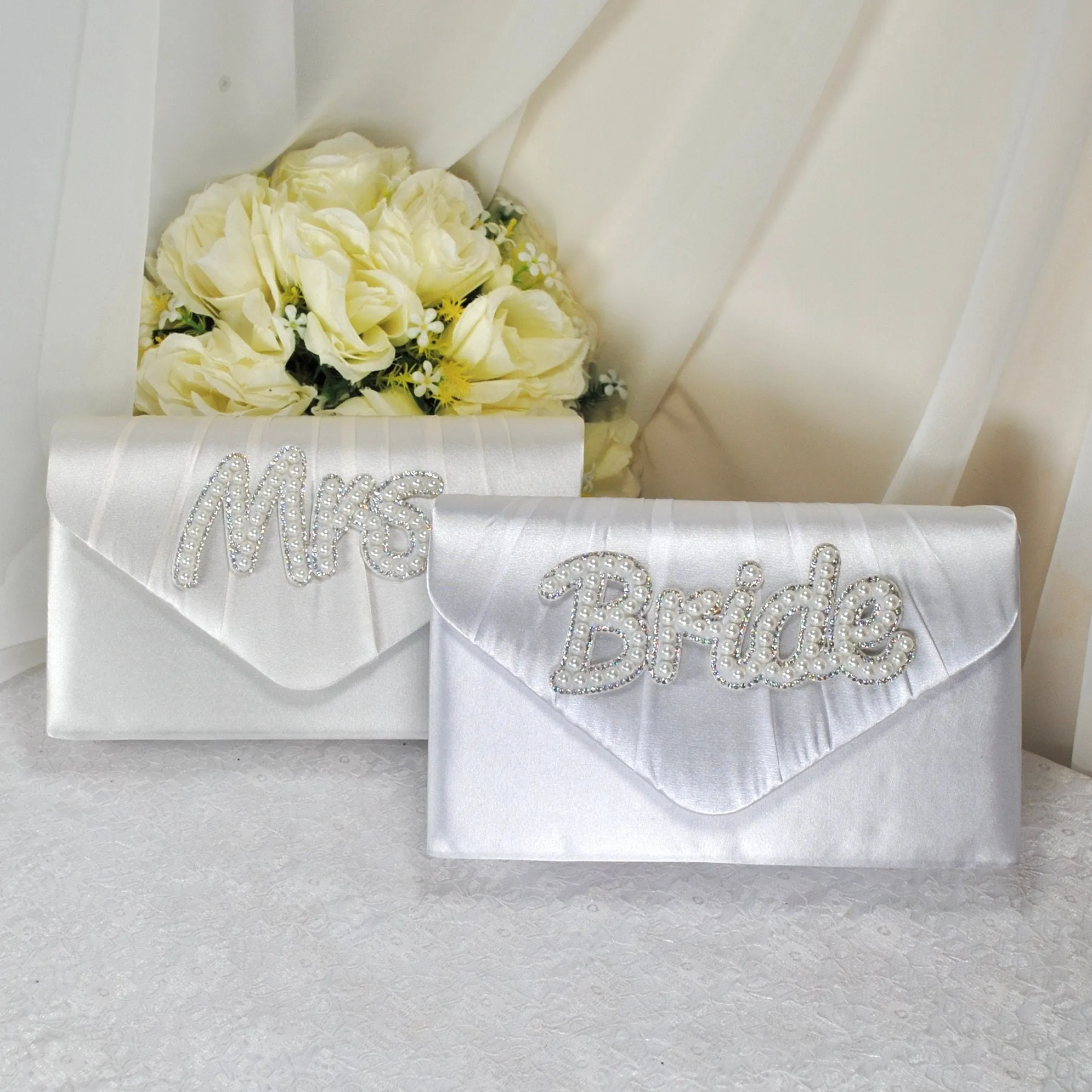 Bride Satin Clutch Bag, Pearl Mrs Embellishment, Over 25 colours