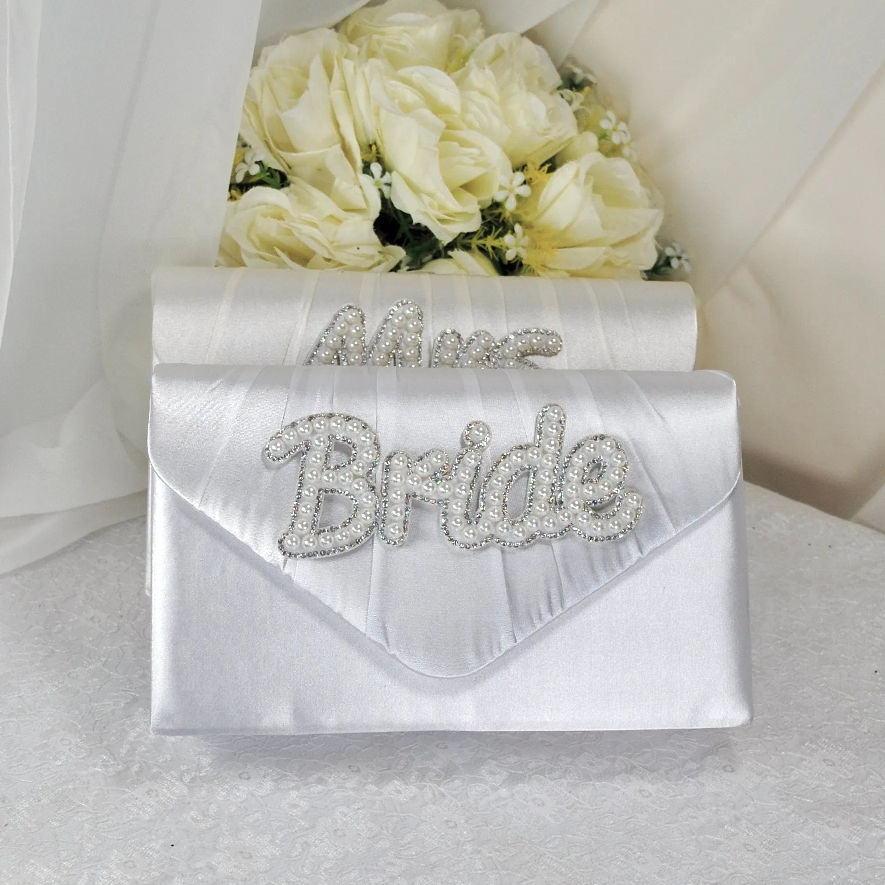 Bride Satin Clutch Bag, Pearl Mrs Embellishment, Over 25 colours