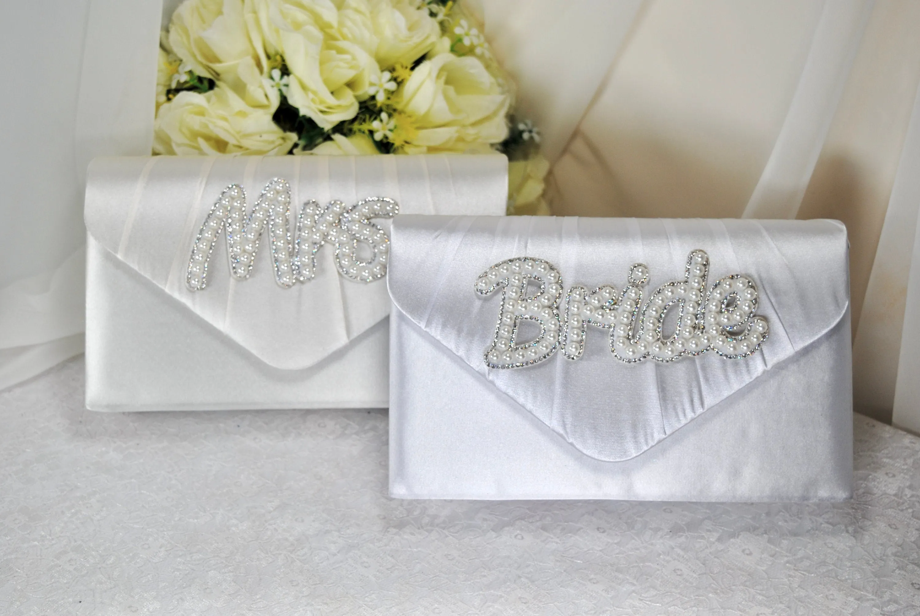 Bride Satin Clutch Bag, Pearl Mrs Embellishment, Over 25 colours