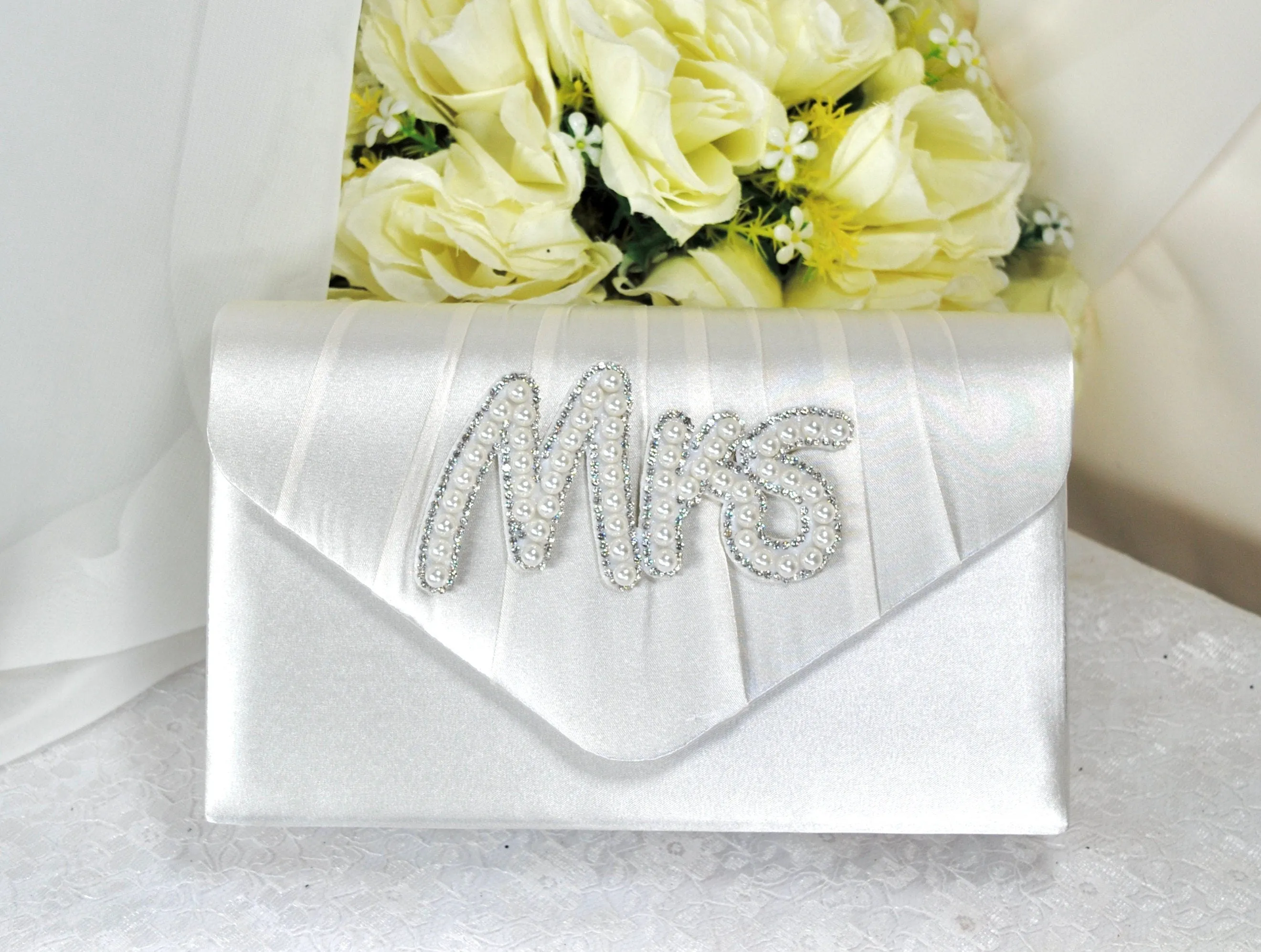Bride Satin Clutch Bag, Pearl Mrs Embellishment, Over 25 colours