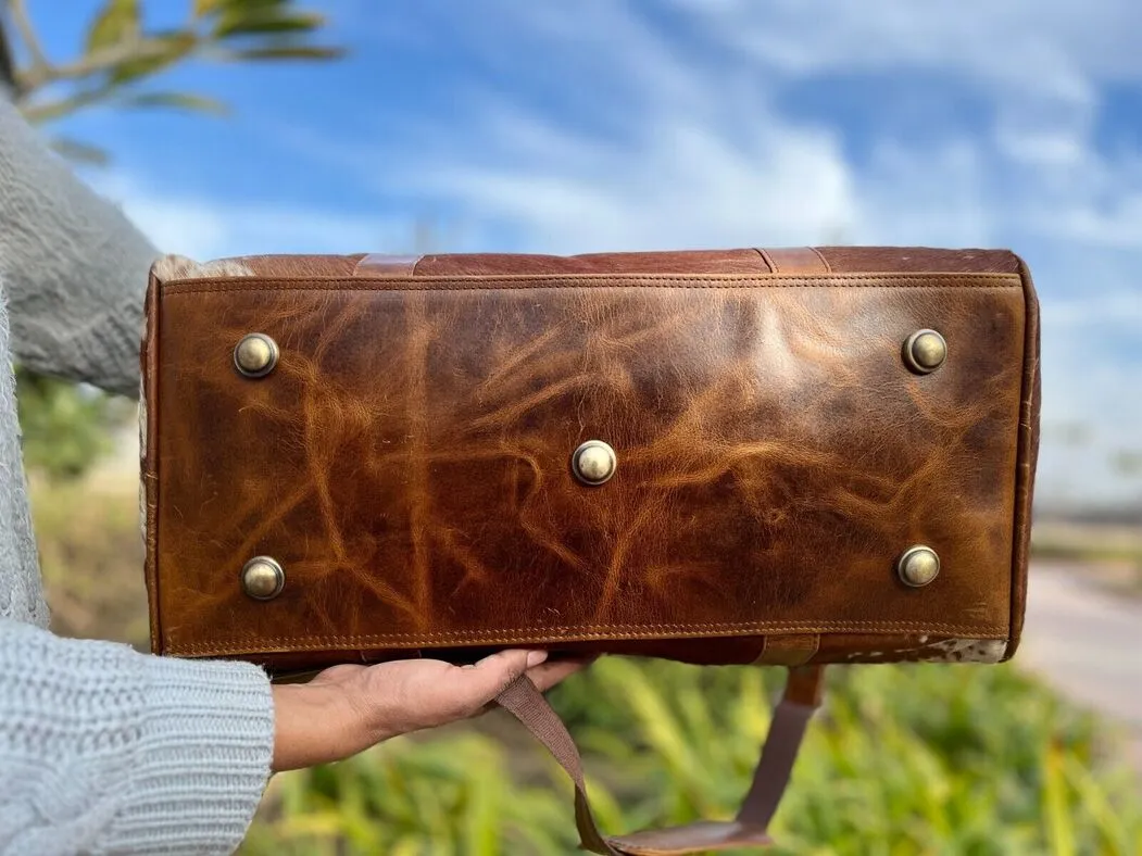 Brown White Cowhide Weekender Bag