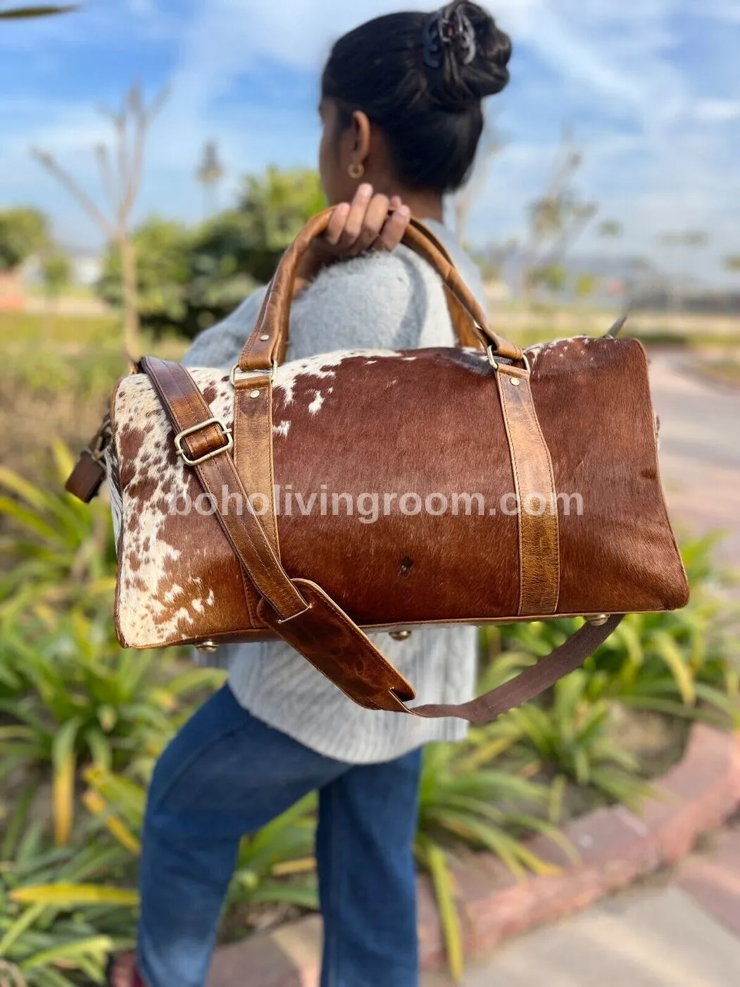 Brown White Cowhide Weekender Bag
