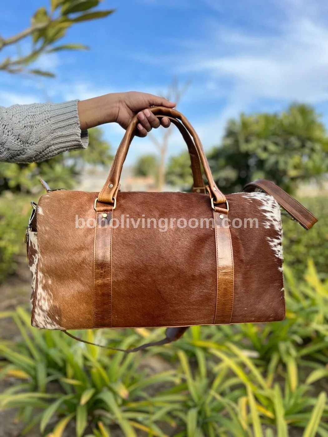 Brown White Cowhide Weekender Bag