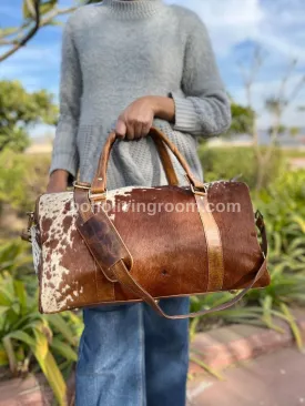 Brown White Cowhide Weekender Bag