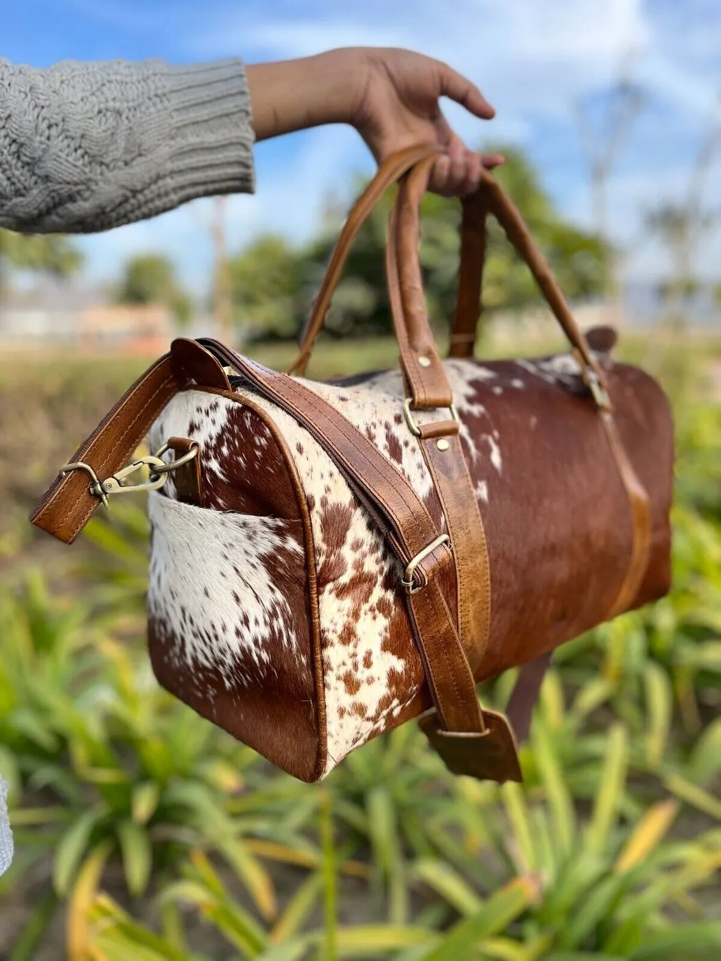 Brown White Cowhide Weekender Bag