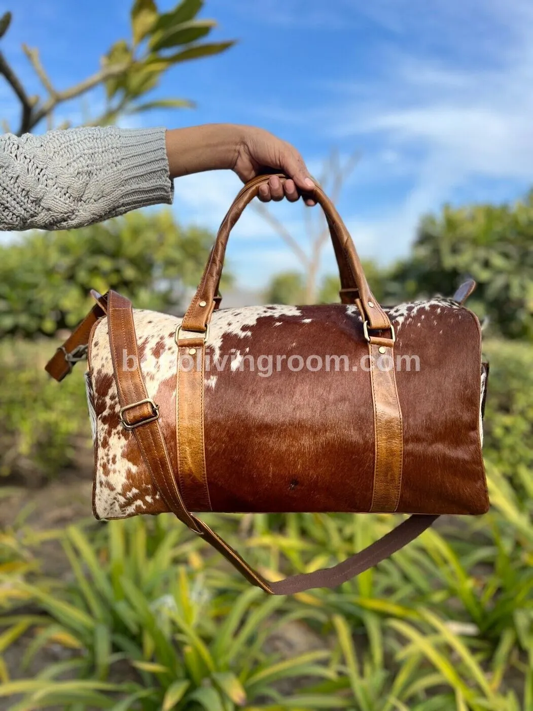 Brown White Cowhide Weekender Bag