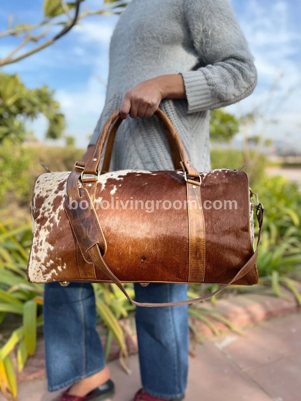Brown White Cowhide Weekender Bag