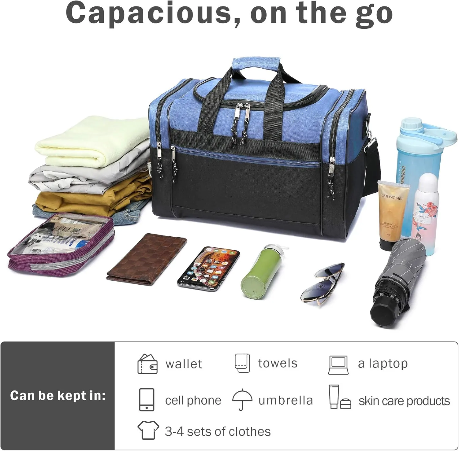 BuyAgain Duffle Bag, 17" Travel Carry On Sport Overnight Weekender Duffel Gym Bag with Adjustable Strap For Men Or Women
