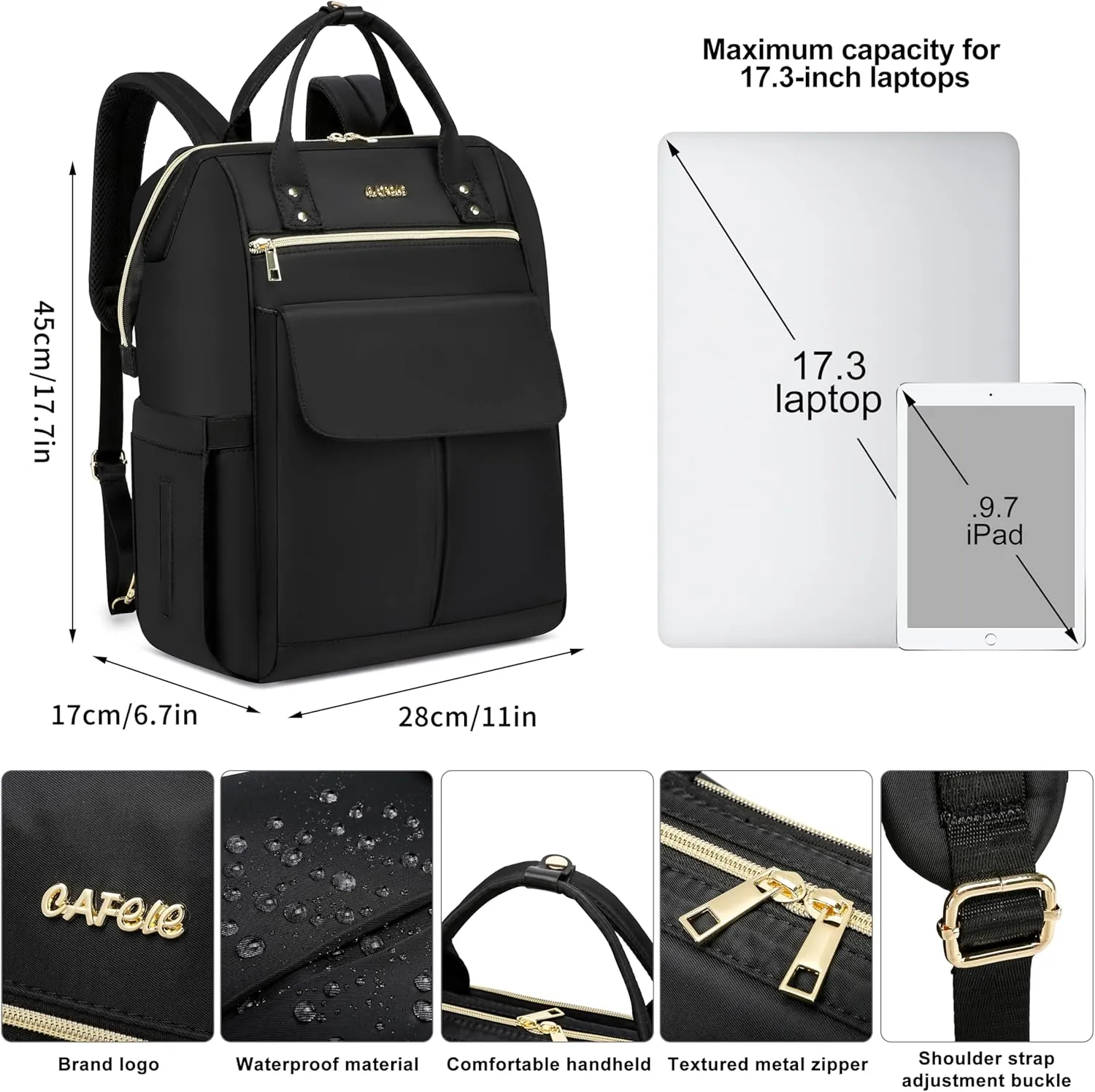CAFELE Convertible Backpack for Women Men,School Backpacks for Teen Girls Boys,Large Wide Open Backpack with USB Charging Port, 17.3 Inch Work Laptop Backpack,Black(2321H-01)