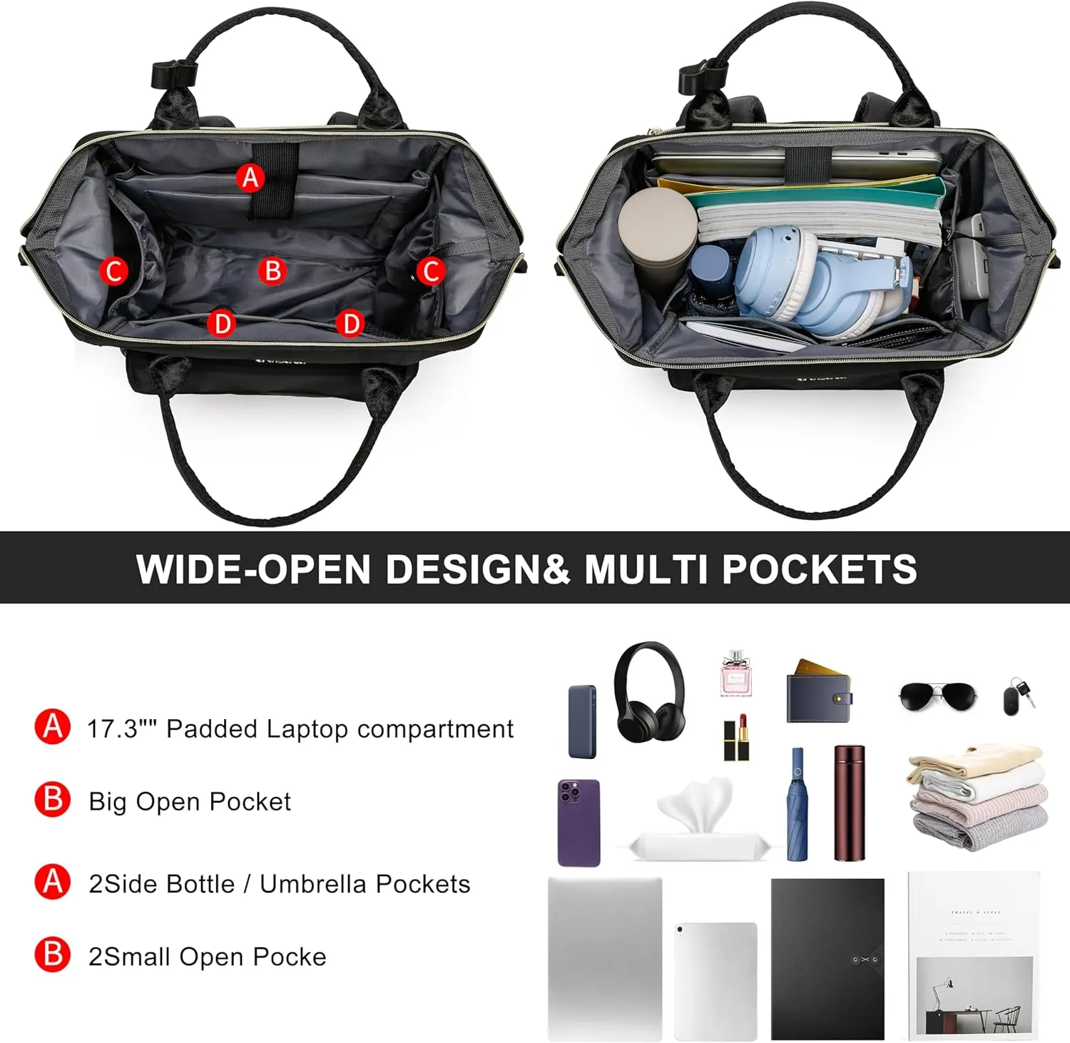 CAFELE Convertible Backpack for Women Men,School Backpacks for Teen Girls Boys,Large Wide Open Backpack with USB Charging Port, 17.3 Inch Work Laptop Backpack,Black(2321H-01)