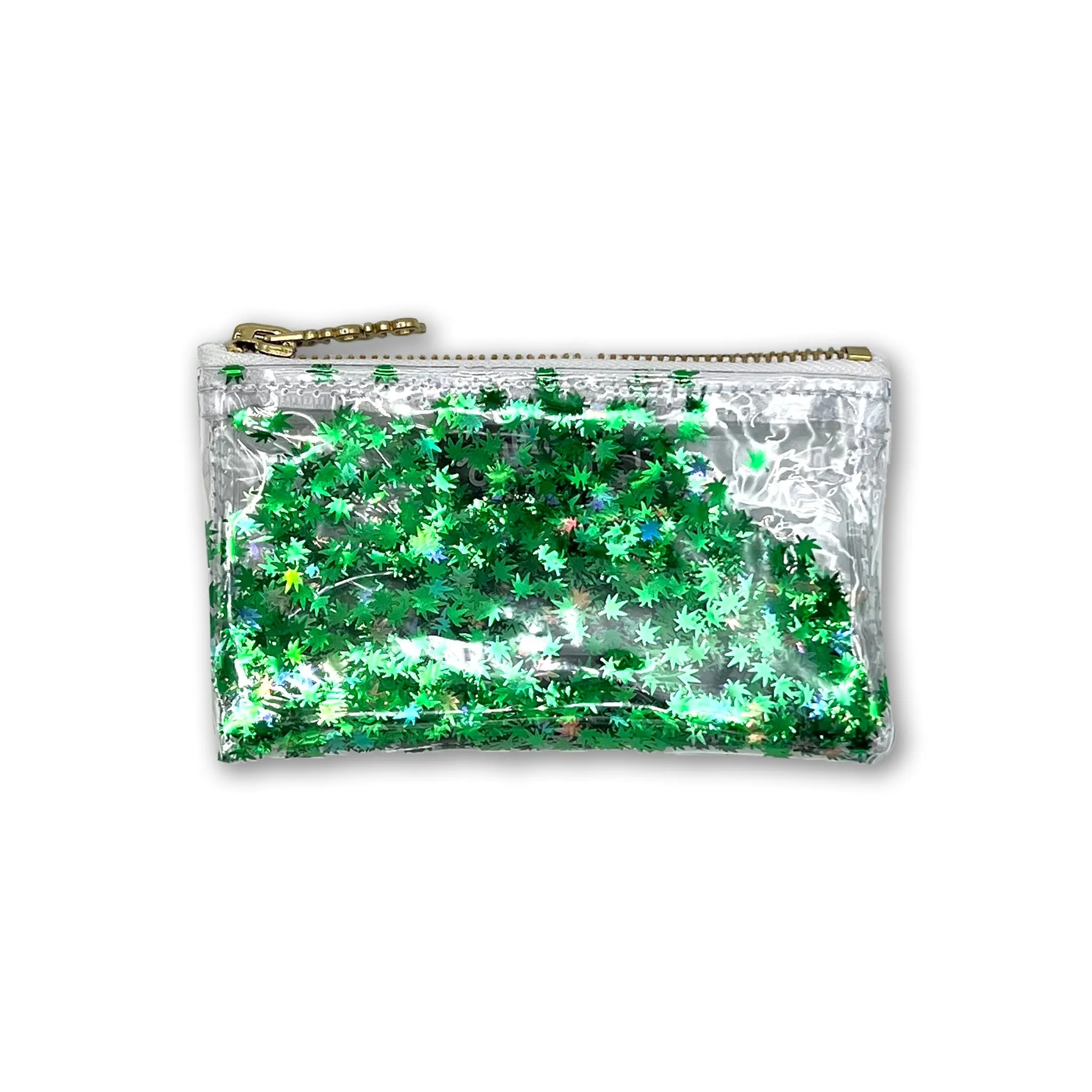 Clear Keychain Clutch with Green Pot Leaf Confetti Glitter