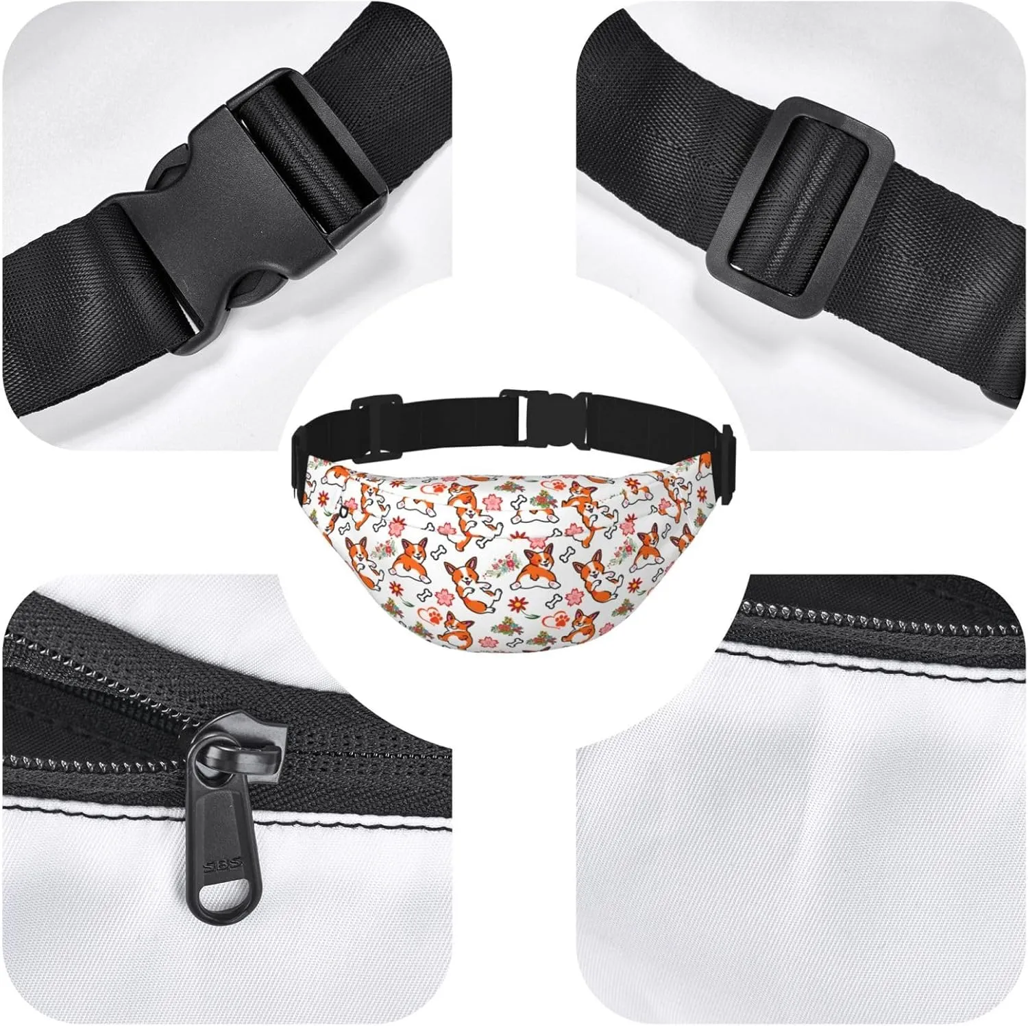 Cute Corgi Dog Pattern Waist Bag Gifts Men Fanny Pack Adjustable Strap And Headphone Jack Hip Bum Bag