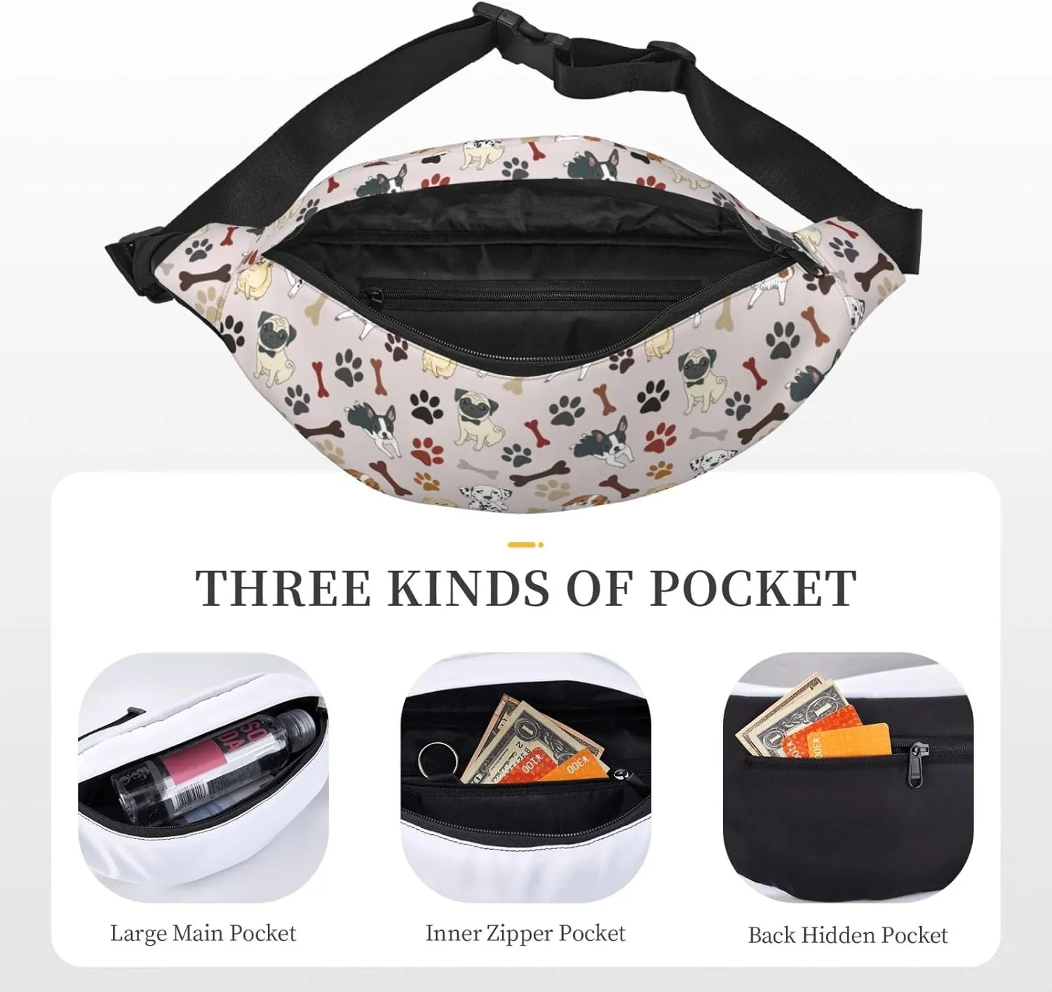 Cute Dogs Paw Bone Pattern Waist Bag Gifts Men Fanny Pack Adjustable Strap And Headphone Jack Hip Bum Bag