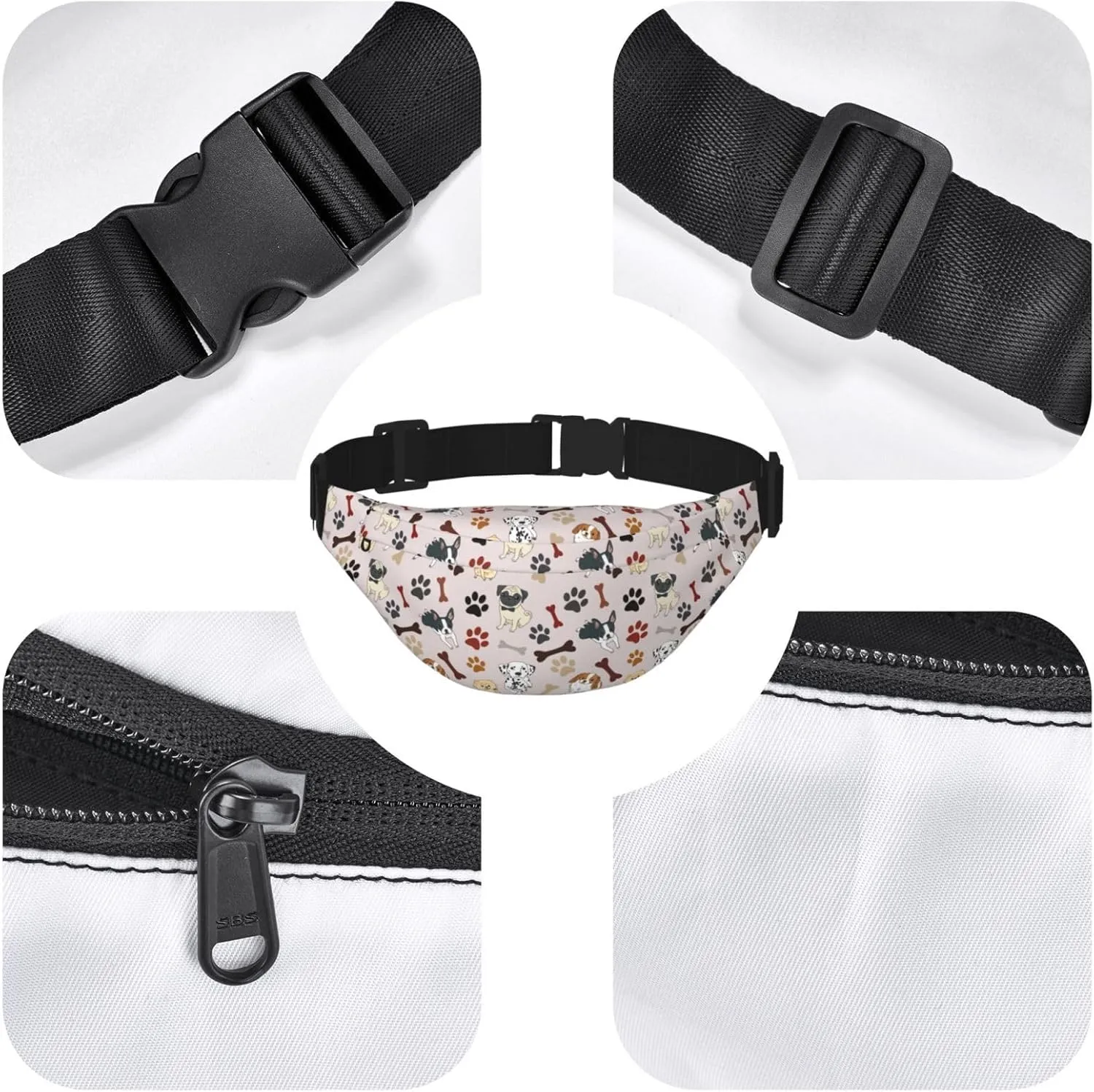 Cute Dogs Paw Bone Pattern Waist Bag Gifts Men Fanny Pack Adjustable Strap And Headphone Jack Hip Bum Bag