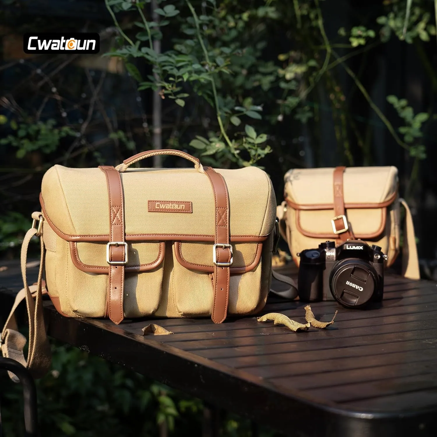 Cwatcun Canvas Camera Bag Small Purse Case with Leather Trim,Vintage Aesthetic Camera Shoulder Messenger Bag Crossbody Compatible for Nikon, Canon,Sony Fuji DSLR/SLR Mirrorless Camera and Lenses,Khaki