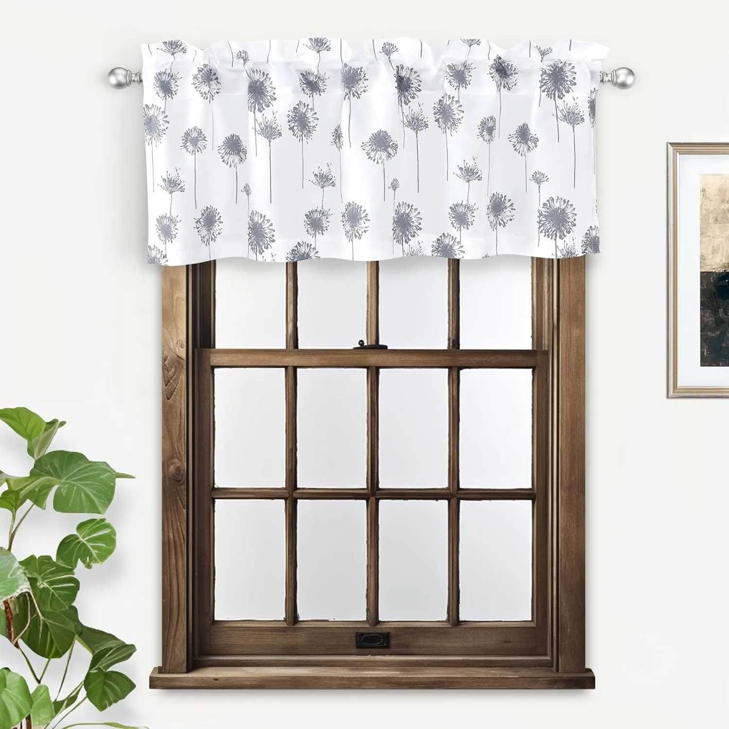 DriftAway Dandelion Floral Botanical Lined Thermal Insulated Window Curtain Valance Rod Pocket 52 Inch by 18 Inch Plus 2 Inch Header Gray 1 Pack