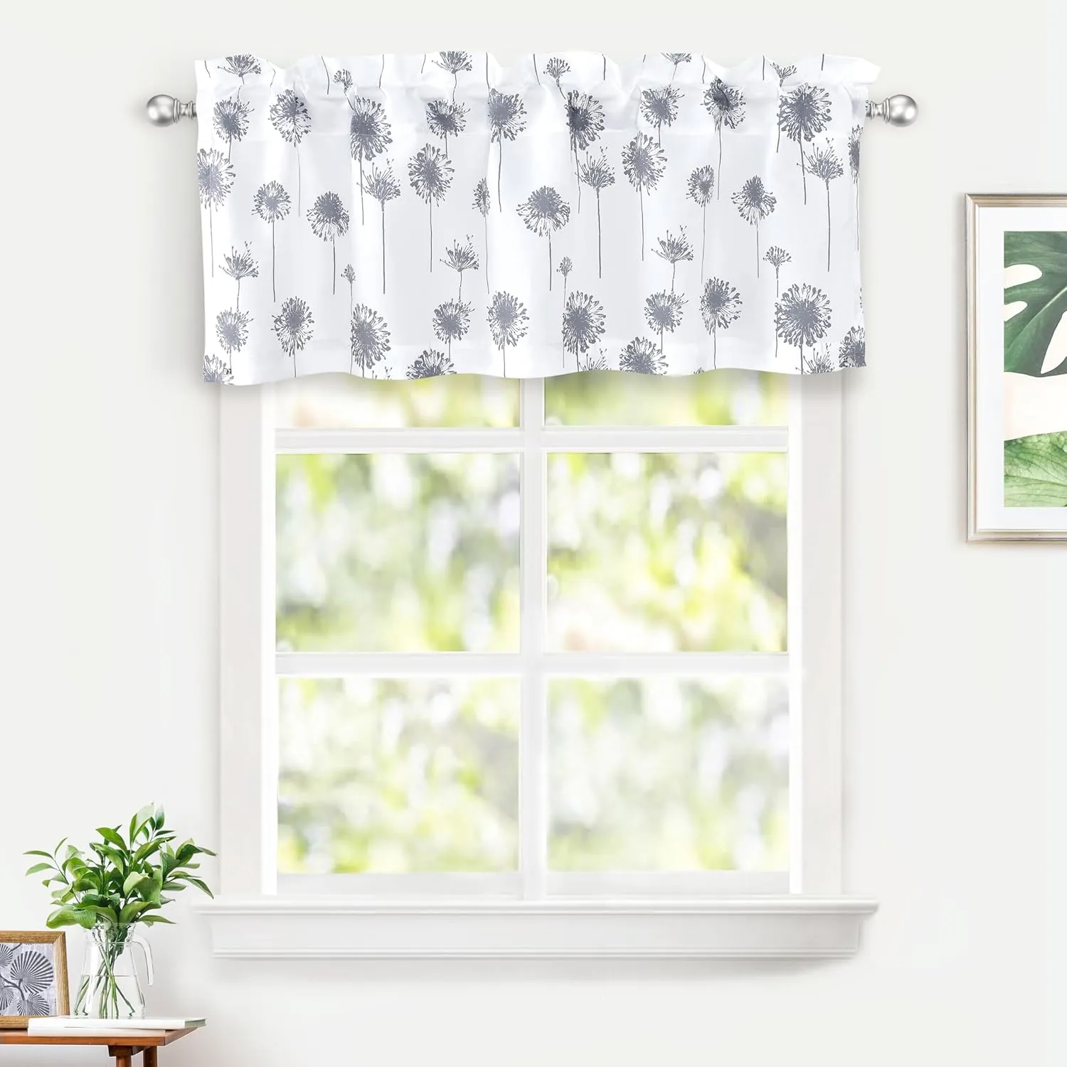 DriftAway Dandelion Floral Botanical Lined Thermal Insulated Window Curtain Valance Rod Pocket 52 Inch by 18 Inch Plus 2 Inch Header Gray 1 Pack