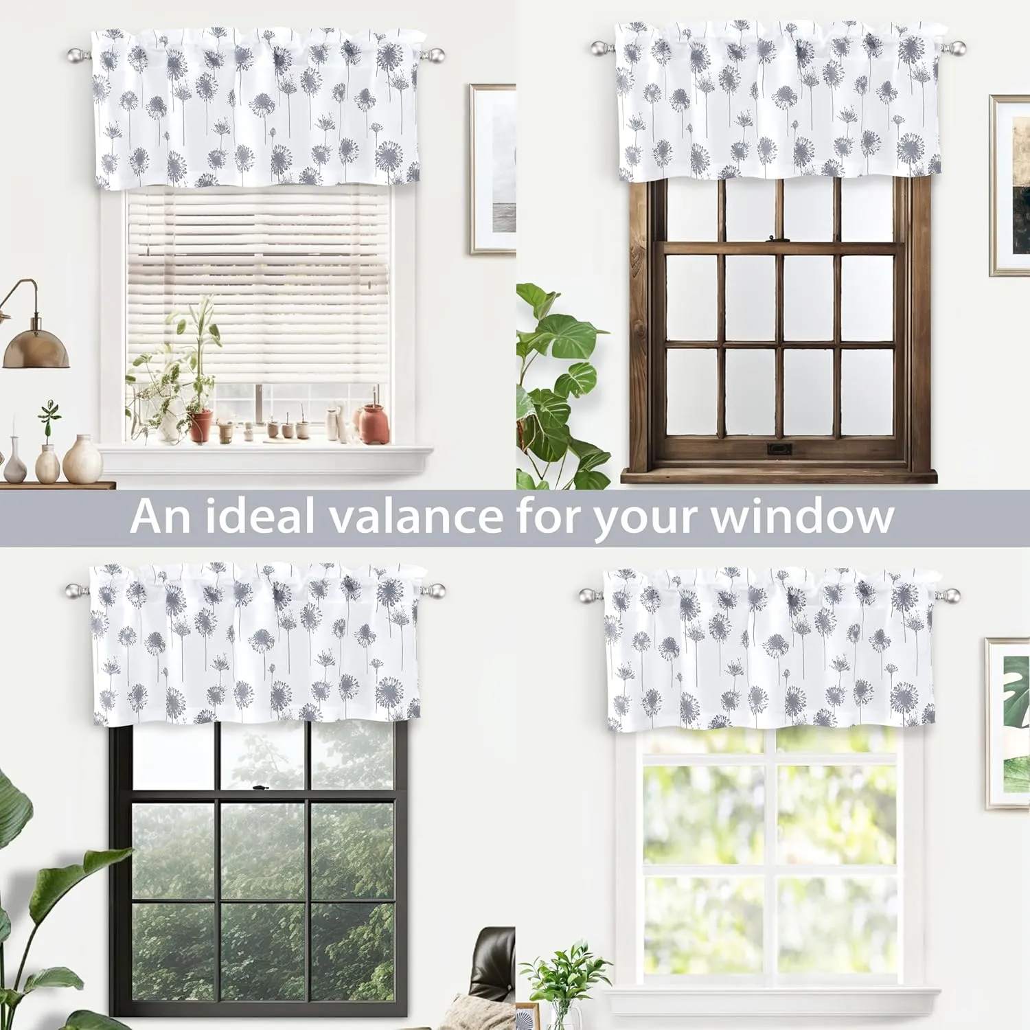 DriftAway Dandelion Floral Botanical Lined Thermal Insulated Window Curtain Valance Rod Pocket 52 Inch by 18 Inch Plus 2 Inch Header Gray 1 Pack