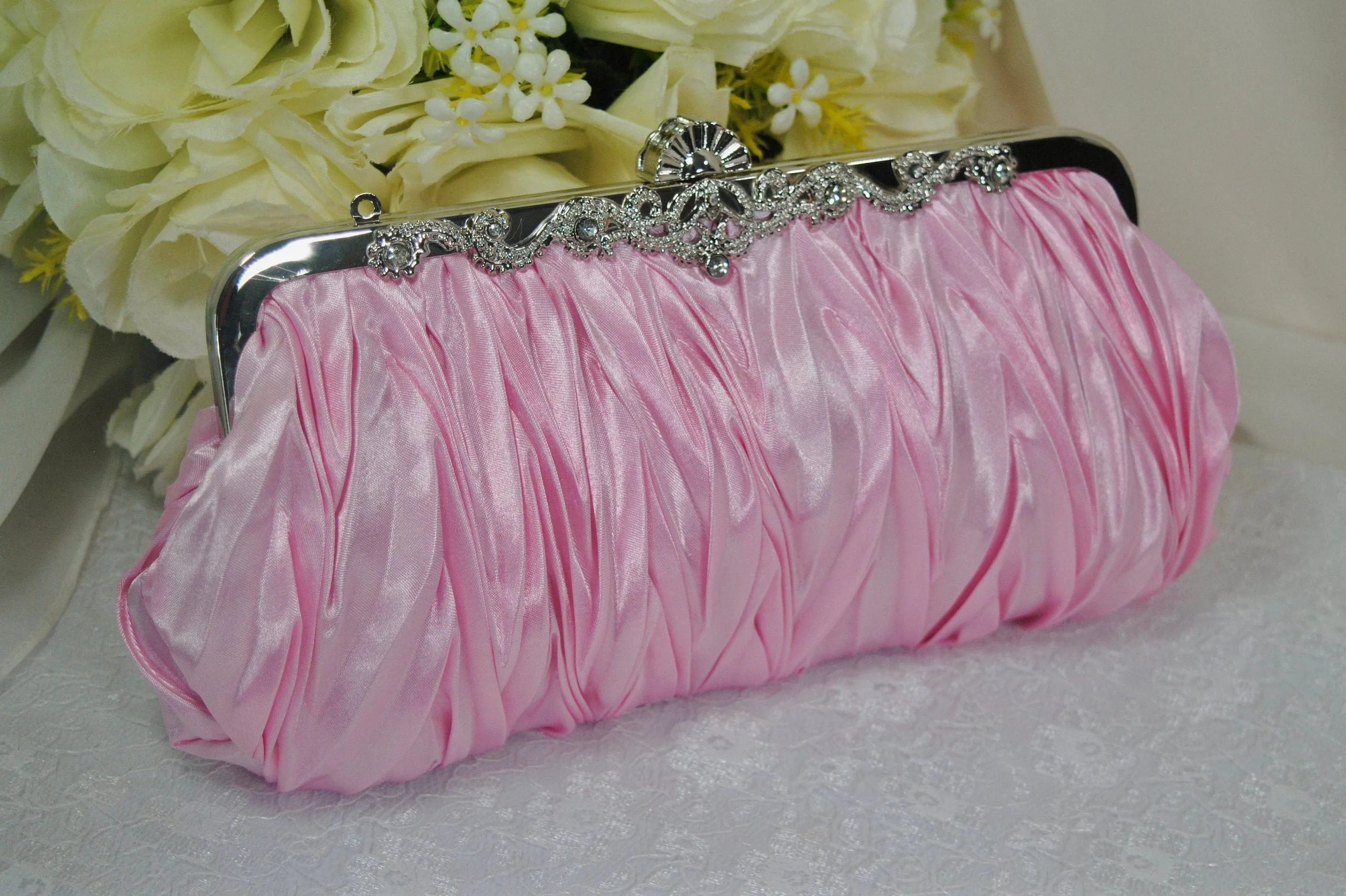 Elegant Bridal Satin Diamanté Clutch Bag | Various Colours