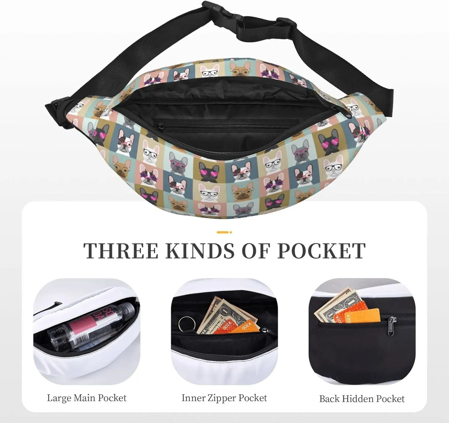 French Bulldogs Pattern Waist Bag Gifts Men Fanny Pack Adjustable Strap And Headphone Jack Hip Bum Bag