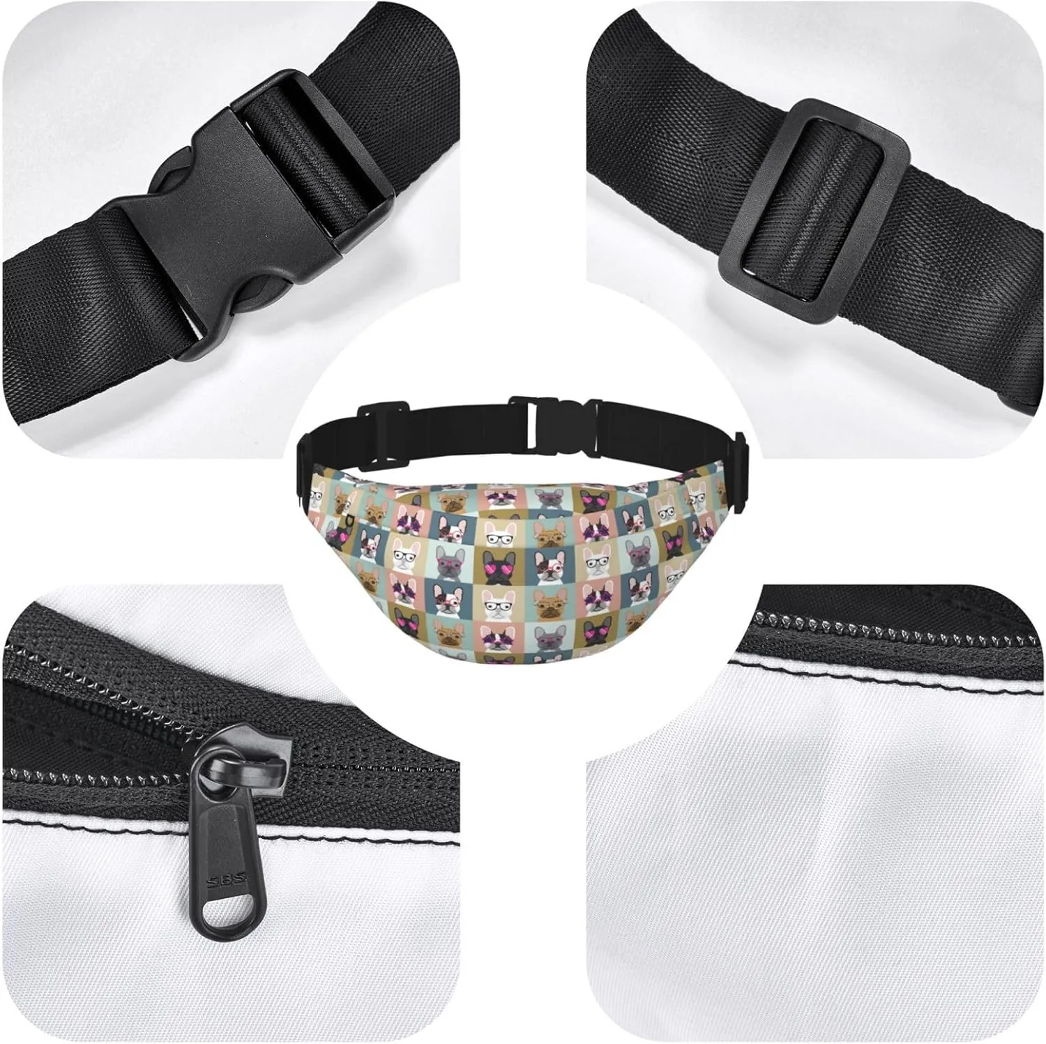 French Bulldogs Pattern Waist Bag Gifts Men Fanny Pack Adjustable Strap And Headphone Jack Hip Bum Bag