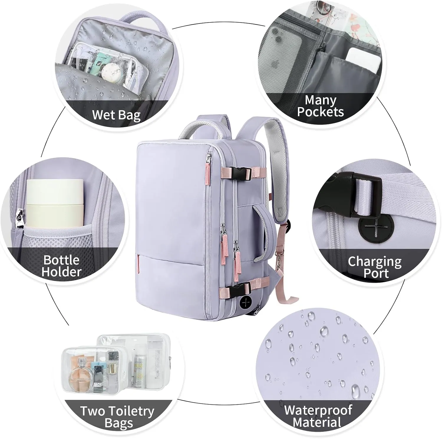 Hanples Extra Large Travel Backpack for Women as Person Item Flight Approved, Waterproof 40L Carry On Backpack, 17 Inch Laptop Backpack For Hiking Casual Bag (Gray Purple)