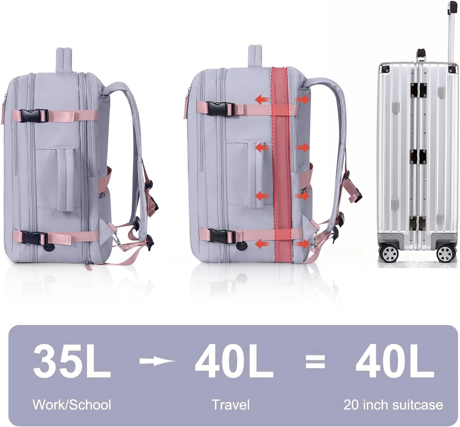 Hanples Extra Large Travel Backpack for Women as Person Item Flight Approved, Waterproof 40L Carry On Backpack, 17 Inch Laptop Backpack For Hiking Casual Bag (Gray Purple)