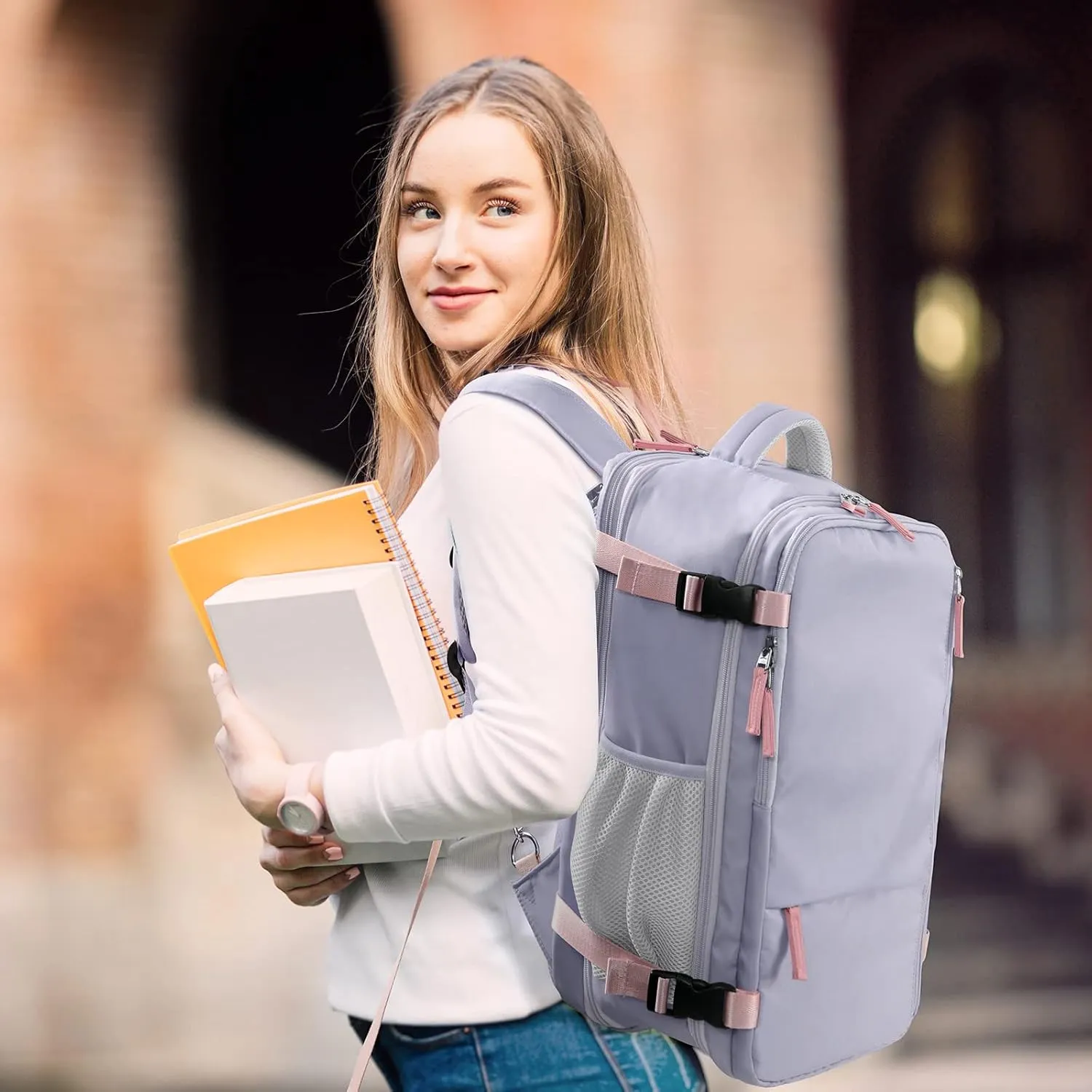 Hanples Extra Large Travel Backpack for Women as Person Item Flight Approved, Waterproof 40L Carry On Backpack, 17 Inch Laptop Backpack For Hiking Casual Bag (Gray Purple)