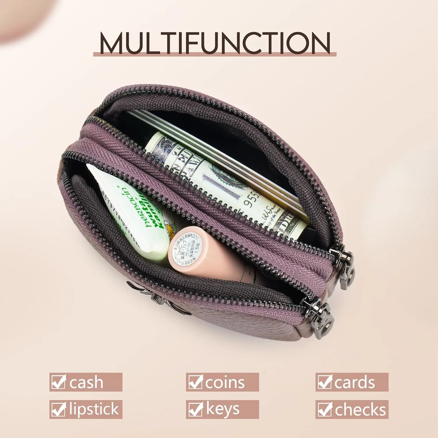 imeetu Women Leather Coin Purse, Small 2 Zippered Change Pouch Wallet