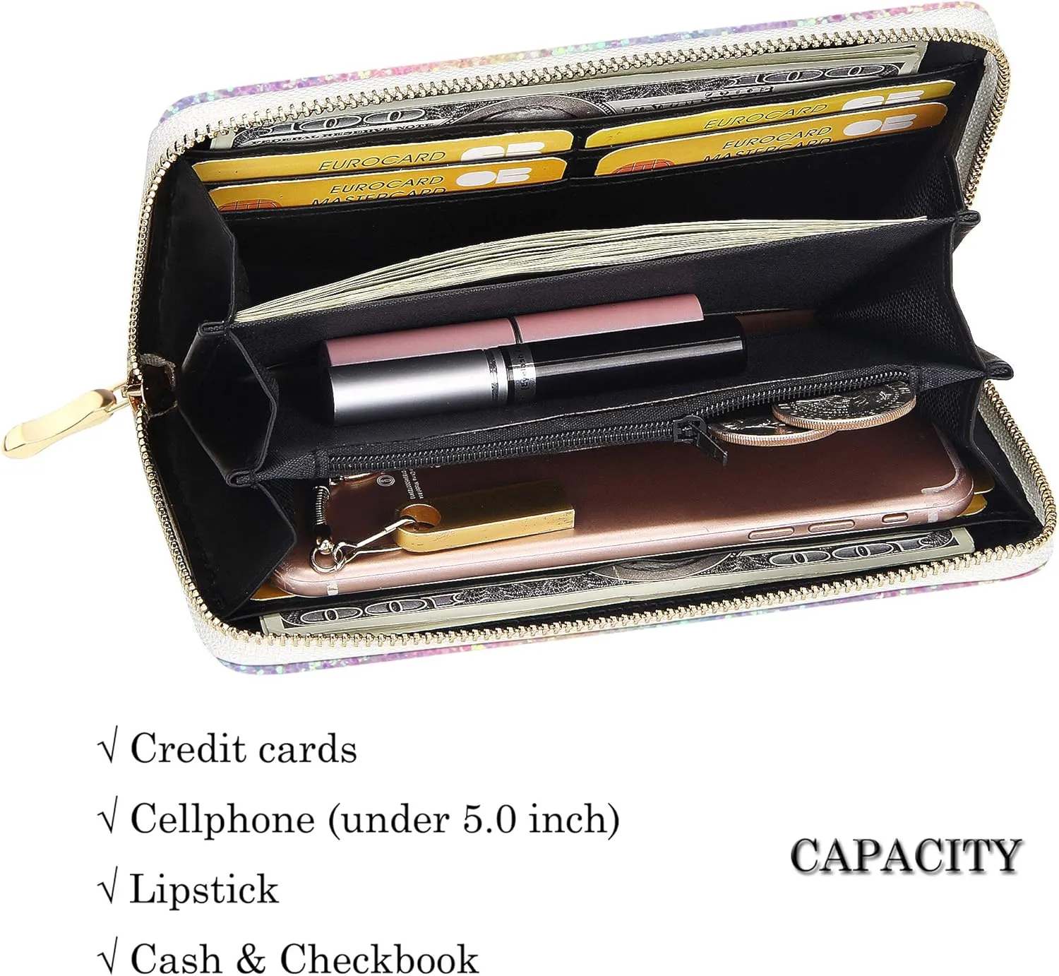 KUKOO Glitter Wallet for Women Shiny Long Phone Clutch Purse Ladies Card Holder