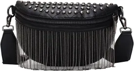LABANCA Women Faux Leather Waist Packs Rivet Studded Zipper Pocket Shoulder Purse Rave Festival Fanny Bag Purse Chest Bag, Black