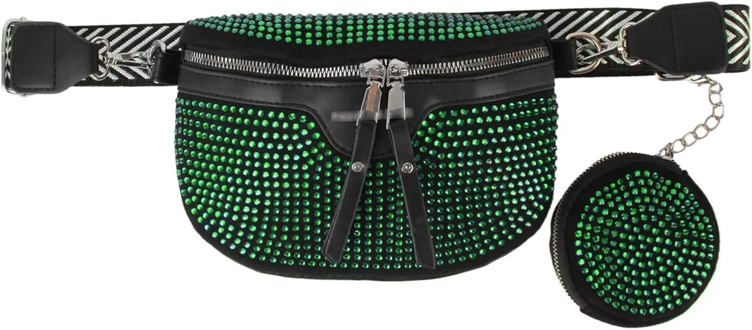 LABANCA Women Rivet Studded Zipper Pocket Shoulder Purse Faux Leather Waist Packs Rave Chest Bag Festival Fanny Bag Purse (07102 Green)