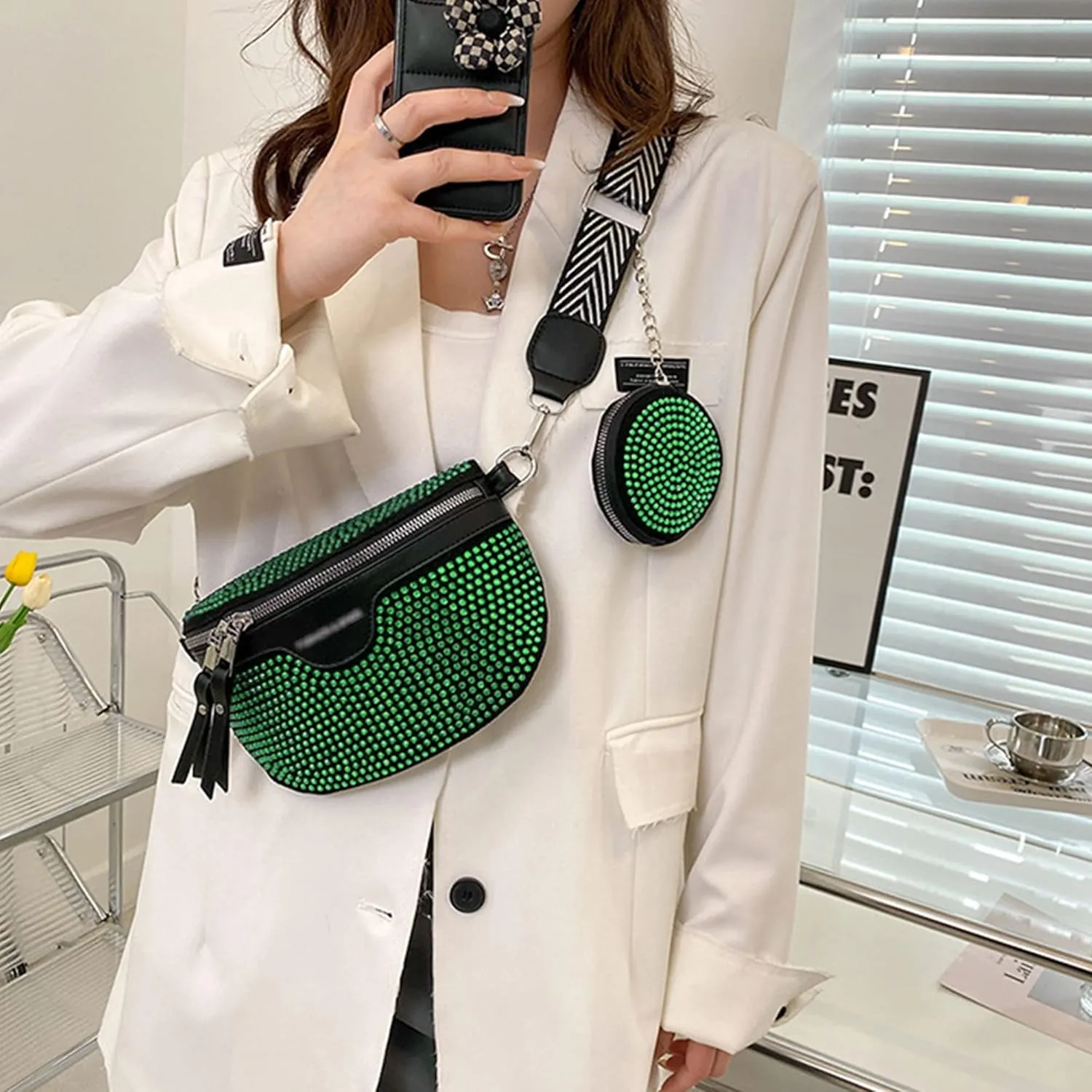 LABANCA Women Rivet Studded Zipper Pocket Shoulder Purse Faux Leather Waist Packs Rave Chest Bag Festival Fanny Bag Purse (07102 Green)