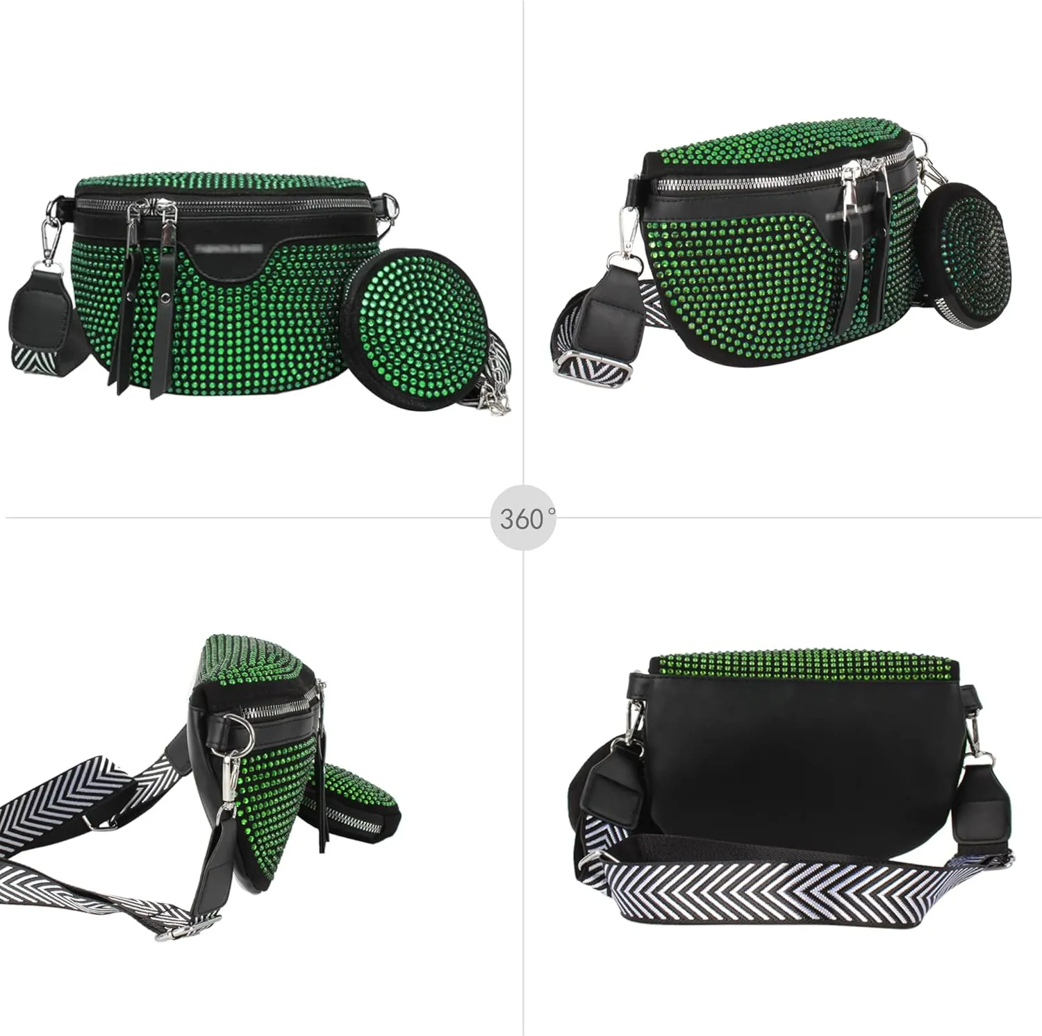 LABANCA Women Rivet Studded Zipper Pocket Shoulder Purse Faux Leather Waist Packs Rave Chest Bag Festival Fanny Bag Purse (07102 Green)