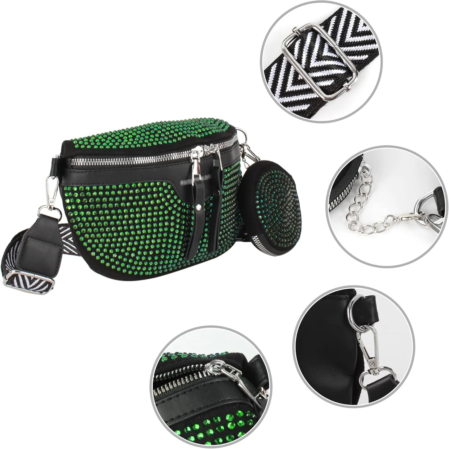 LABANCA Women Rivet Studded Zipper Pocket Shoulder Purse Faux Leather Waist Packs Rave Chest Bag Festival Fanny Bag Purse (07102 Green)