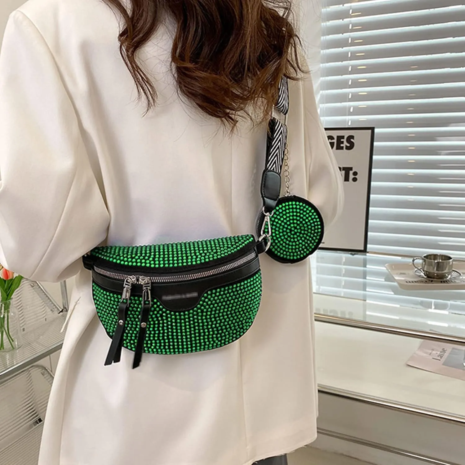 LABANCA Women Rivet Studded Zipper Pocket Shoulder Purse Faux Leather Waist Packs Rave Chest Bag Festival Fanny Bag Purse (07102 Green)
