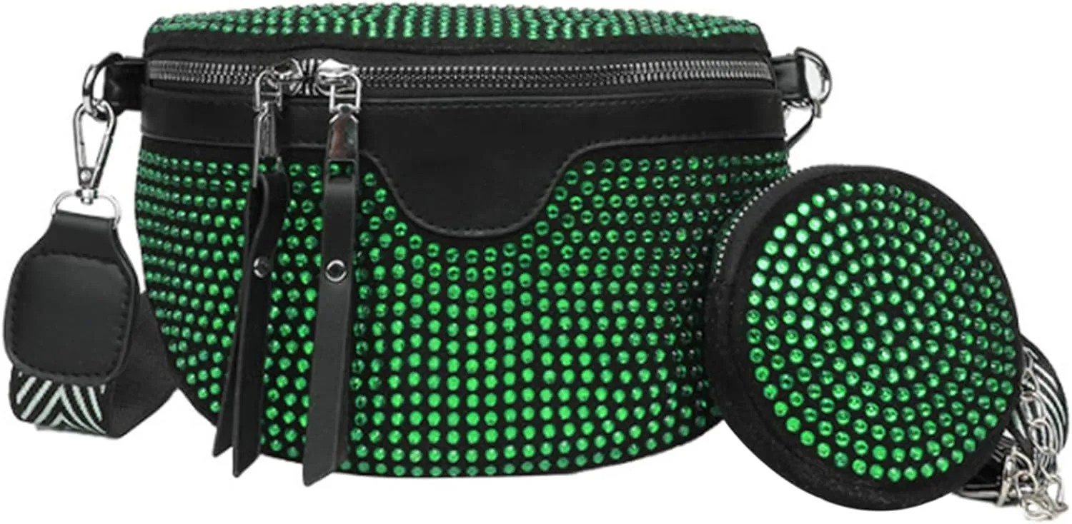 LABANCA Women Rivet Studded Zipper Pocket Shoulder Purse Faux Leather Waist Packs Rave Chest Bag Festival Fanny Bag Purse (07102 Green)
